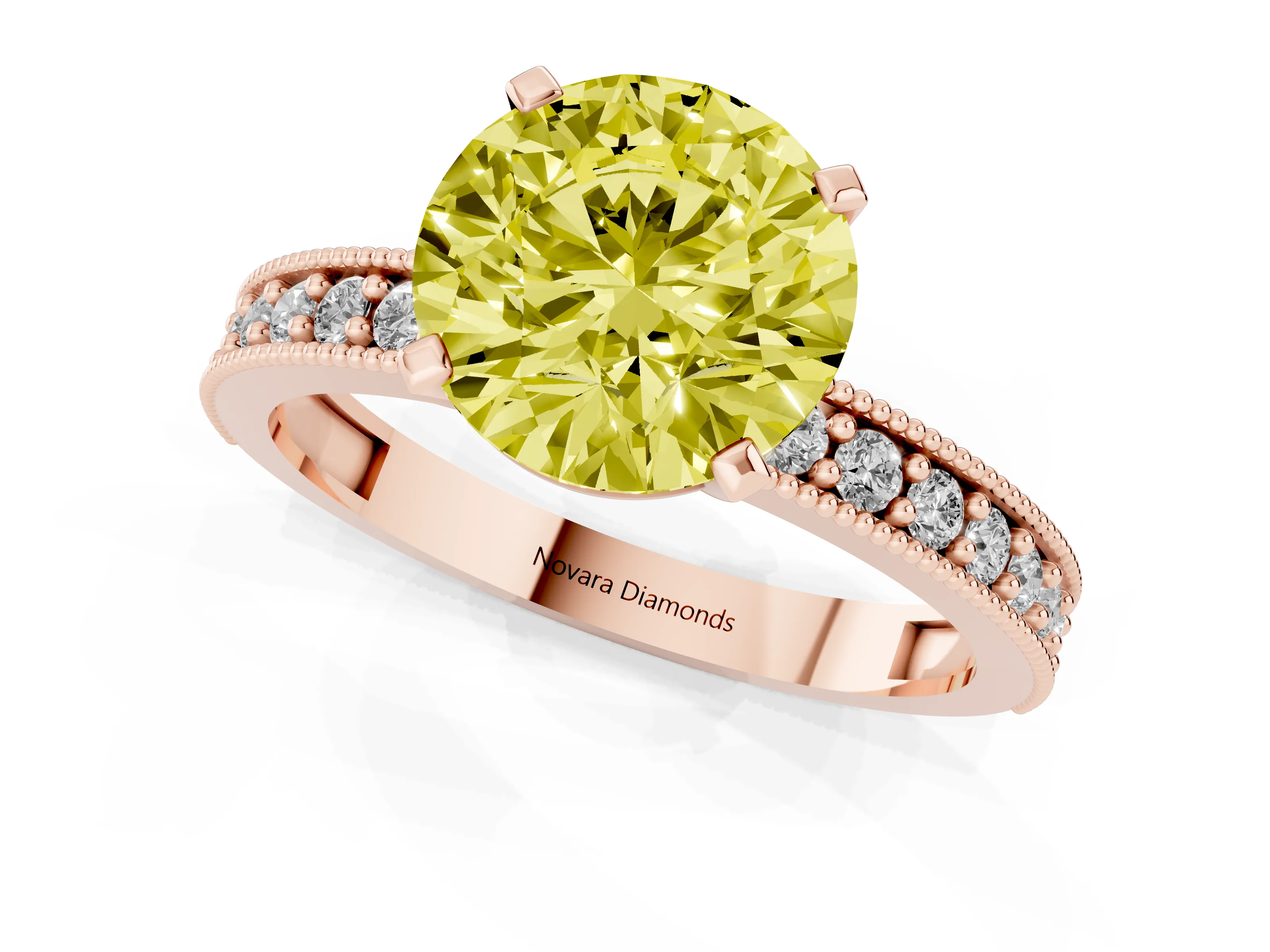 Fancy Yellow Round Cut Diamond Milgrain Pavé Engagement Ring Set in Rose gold with Prong Setting