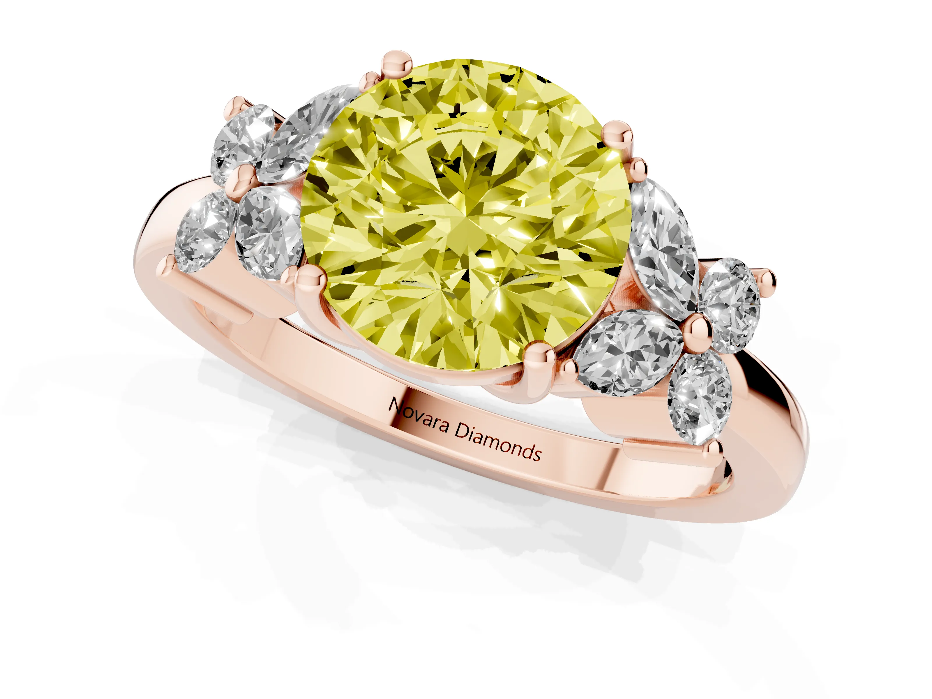 Fancy Yellow Round Cut Diamond Floral Cluster Ring Set in Rose gold with Marquise Petals and Prong Setting