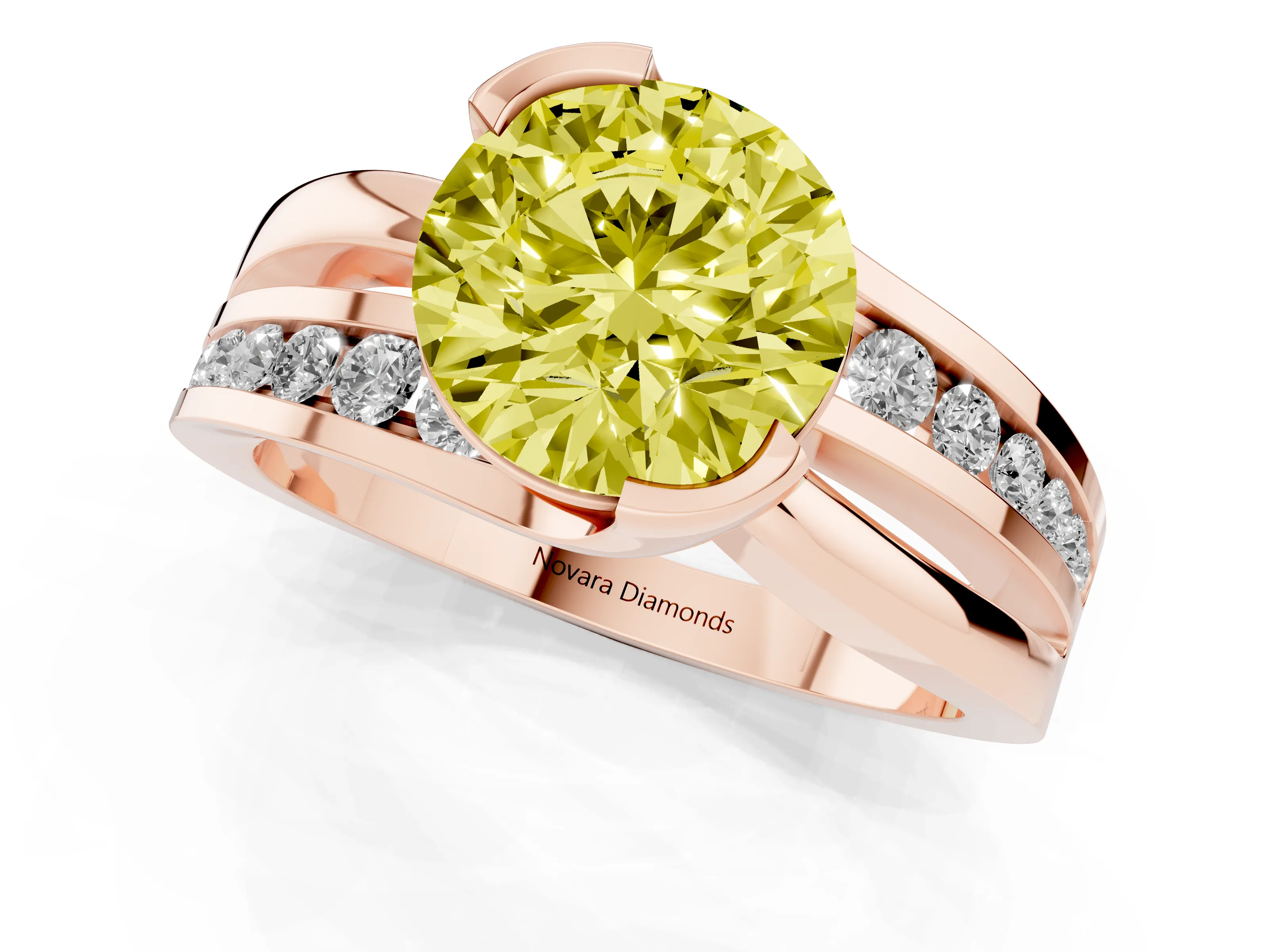 Fancy Yellow Round Cut Diamond Solitaire Ring Set in Rose gold with Channel Set Split Shank and Tension Prongs
