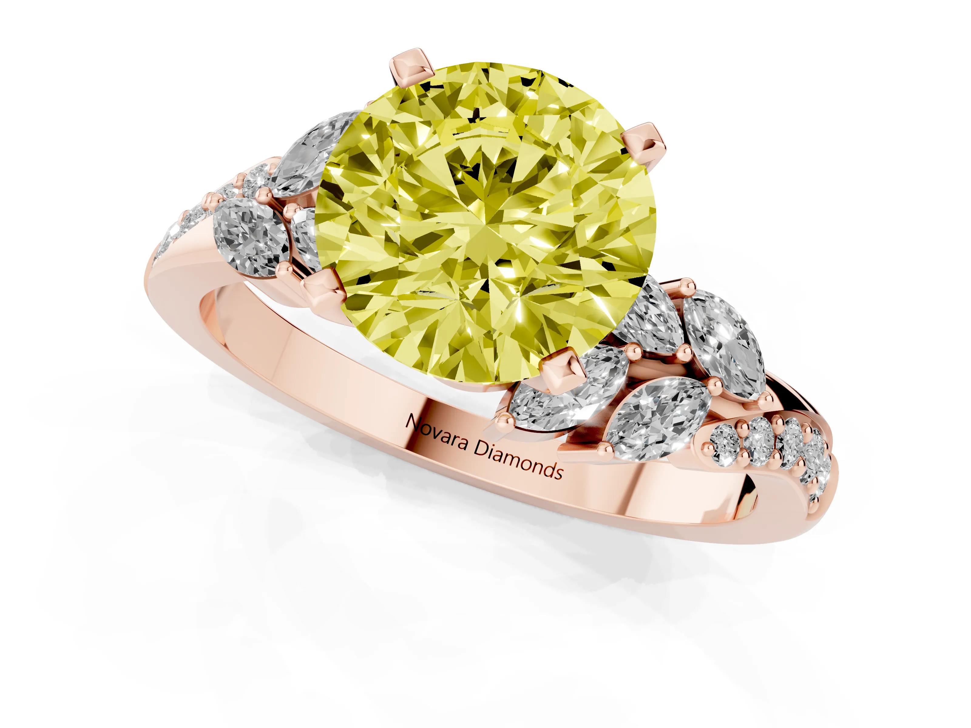 Fancy Yellow Round Cut Diamond Solitaire Ring Set in Rose gold with Marquise Twist Band and Prong Setting