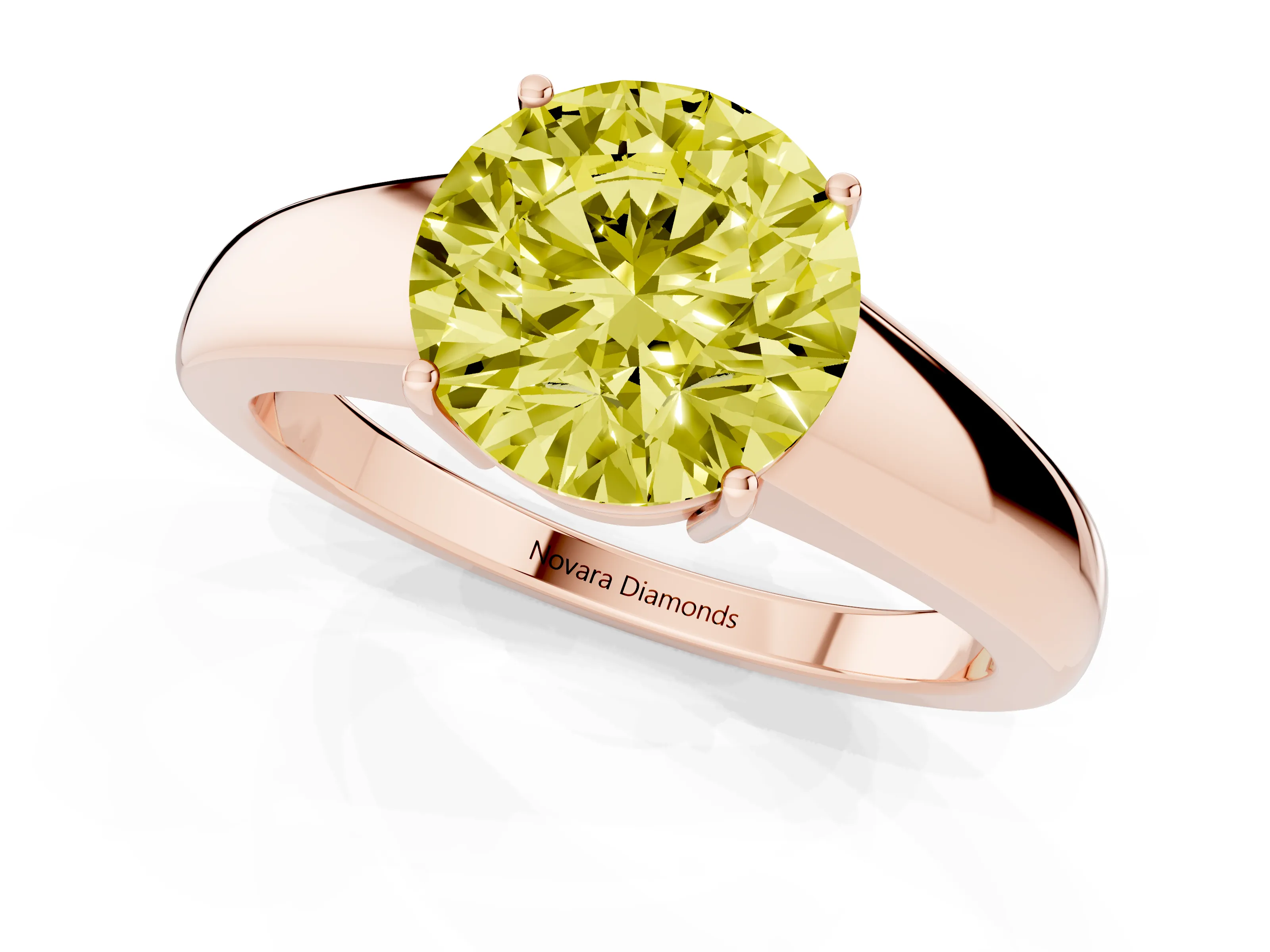 Fancy Yellow Round Cut Diamond Solitaire Ring Set in Rose gold with Tapered Band and Prong Setting