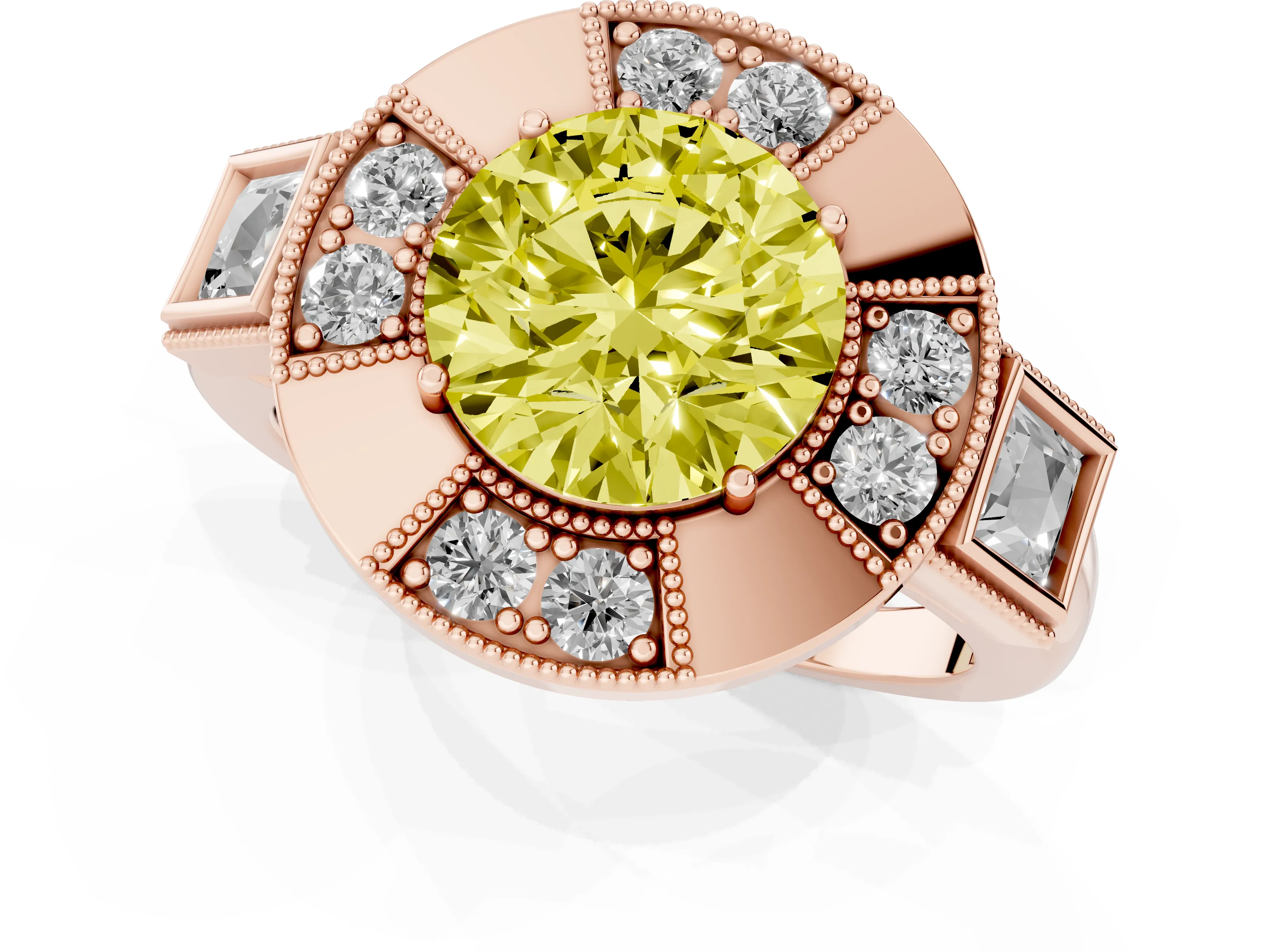 Fancy Yellow Round Cut Diamond Milgrain Halo Ring Set in Rose gold with Split Shank