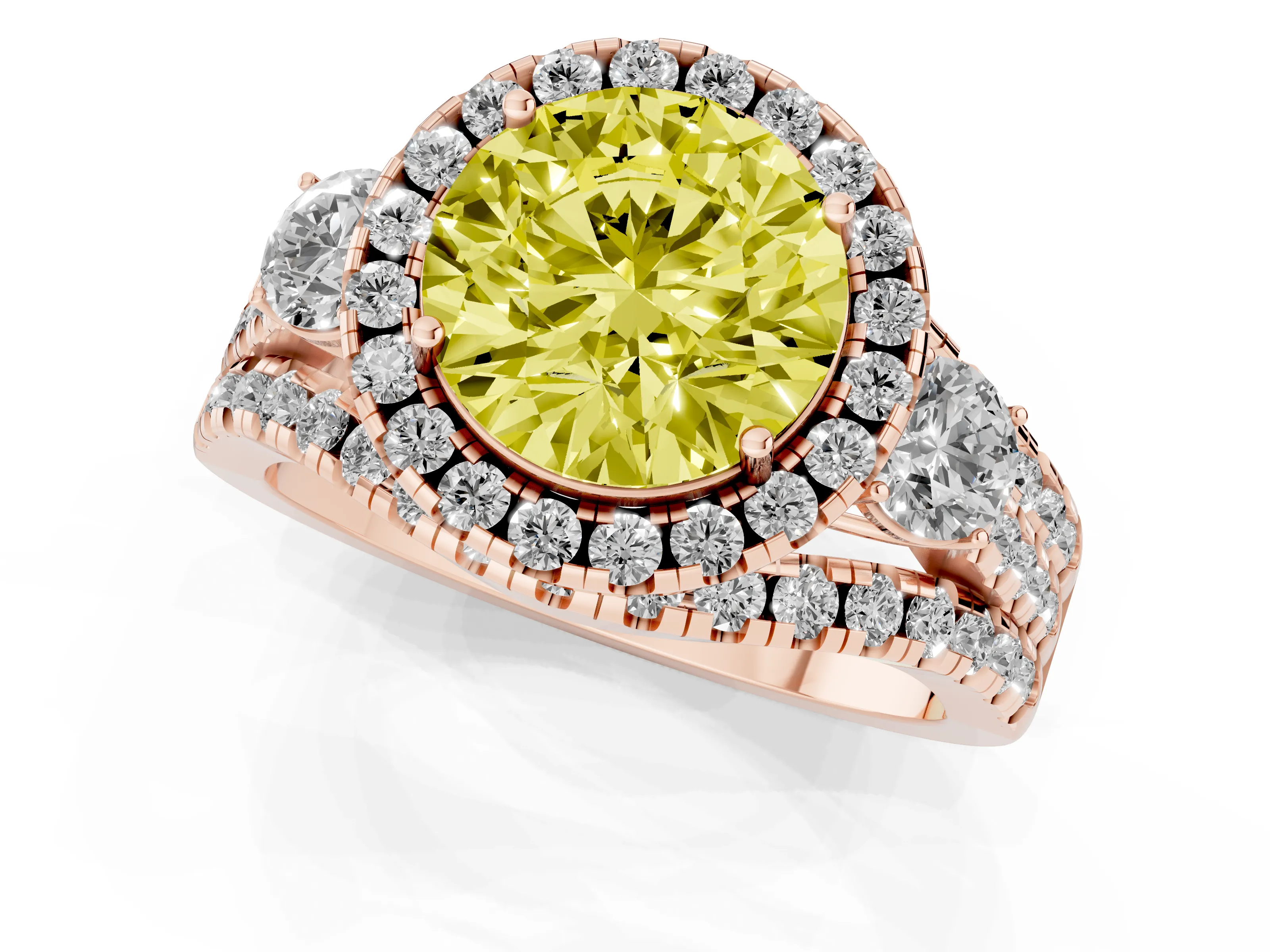 Fancy Yellow Round Cut Diamond Halo Split Shank Ring Set in Rose gold with Round Accent Stones and Prong Setting