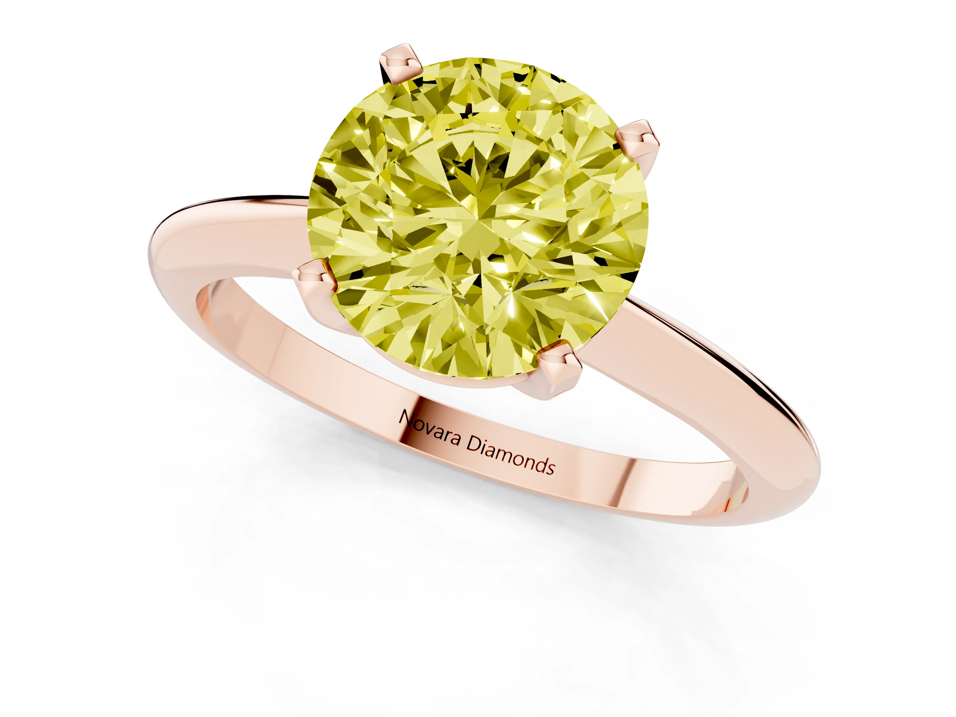 Fancy Yellow Round Cut Diamond Solitaire Ring Set in Rose gold with Prong Setting on a Plain Round Band