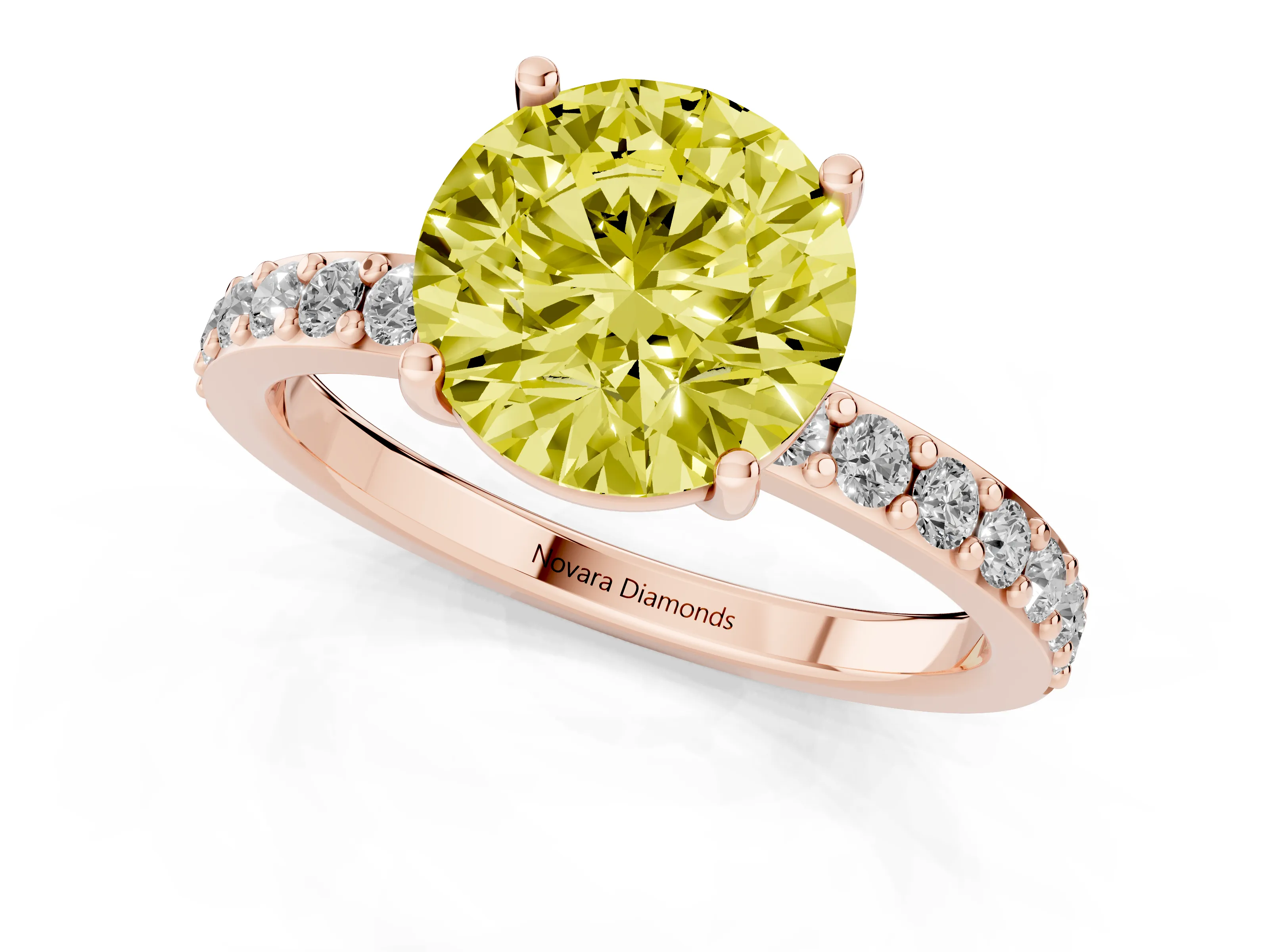 Fancy Yellow Round Cut Diamond Solitaire Set in Rose gold with Round Pavé Band and Prong Setting