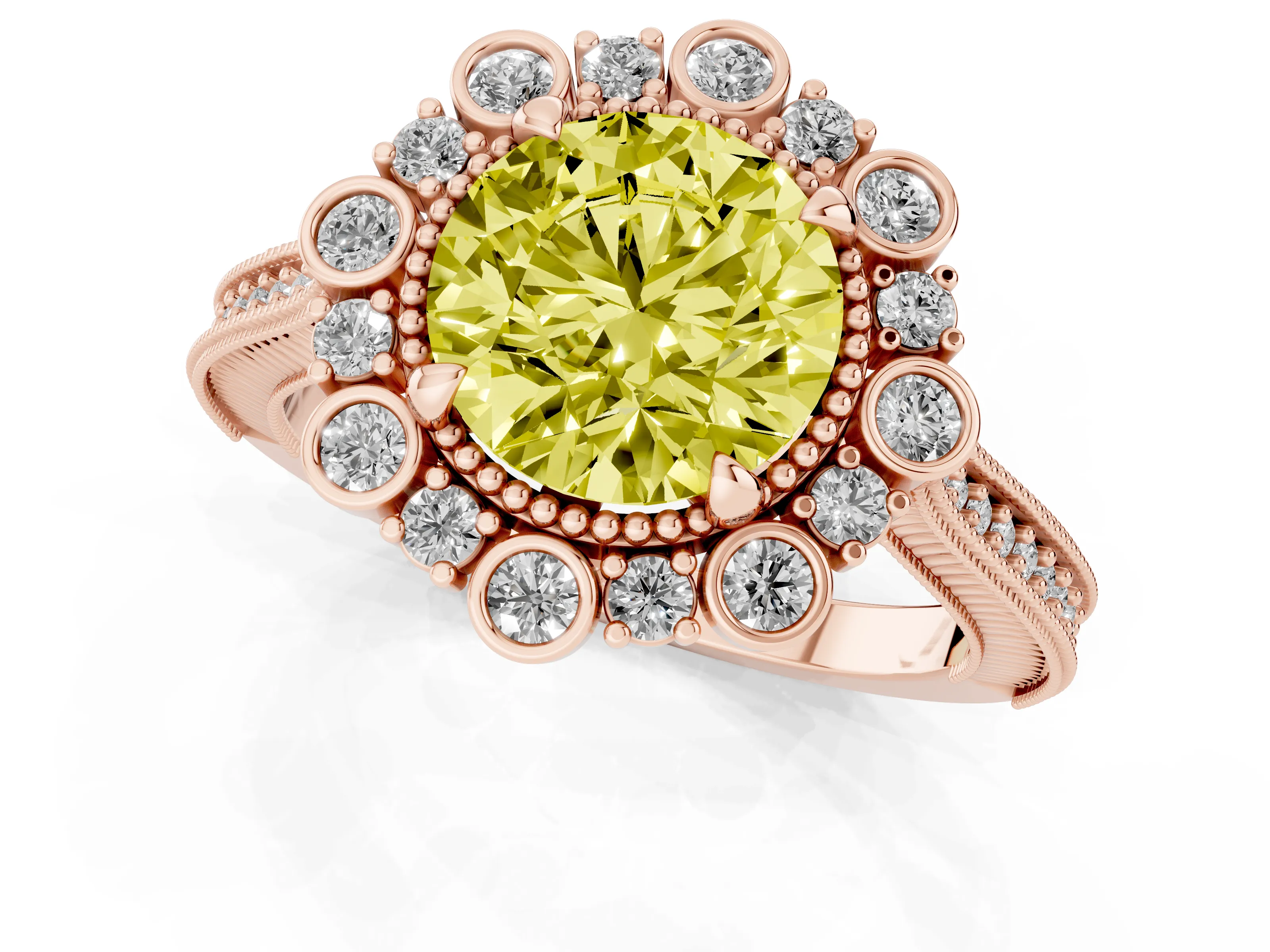 Fancy Yellow Round Cut Diamond Halo Milgrain Pavé Ring Set in Rose gold with Prong Setting