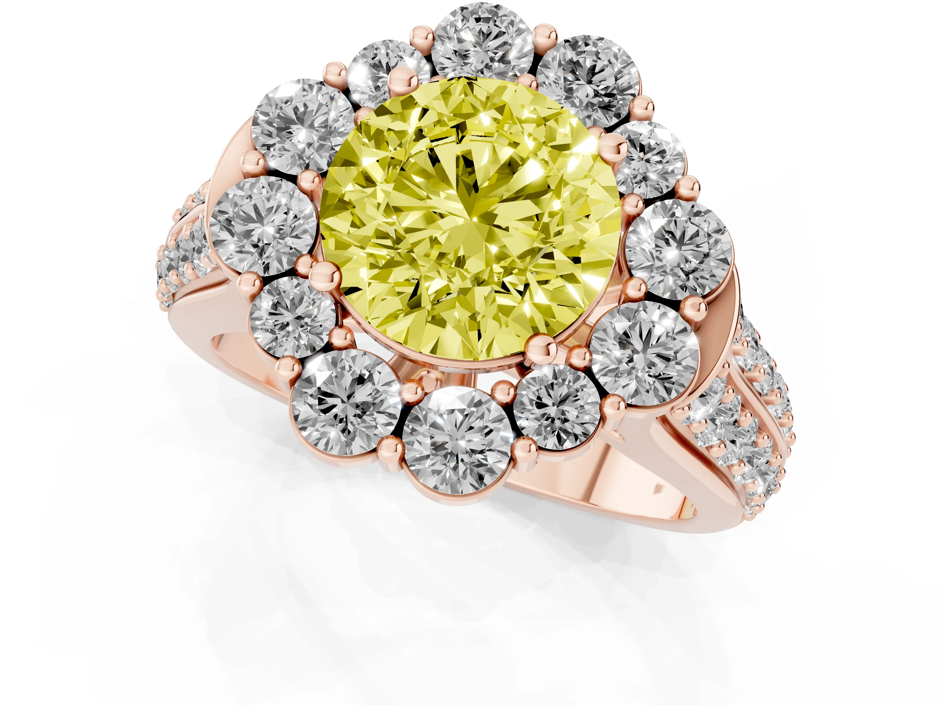 Fancy Yellow Round Cut Diamond Halo Engagement Ring Set in Rose gold with Split Shank and Prong Setting