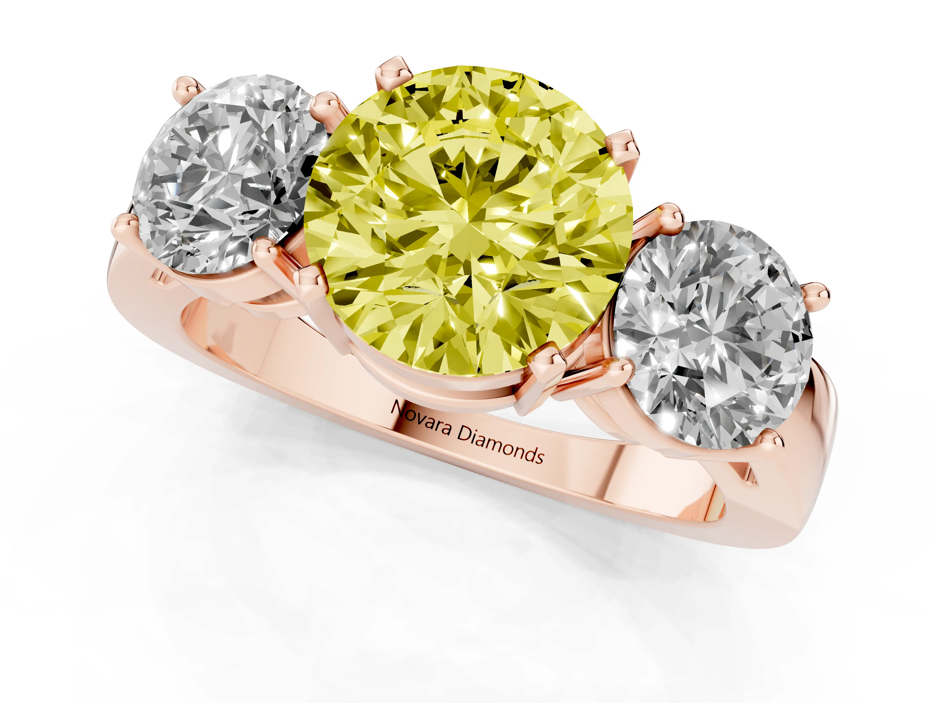 Fancy Yellow Round Cut Diamond Three-Stone Ring Set in Rose gold with Round Side Stones and Classic Band