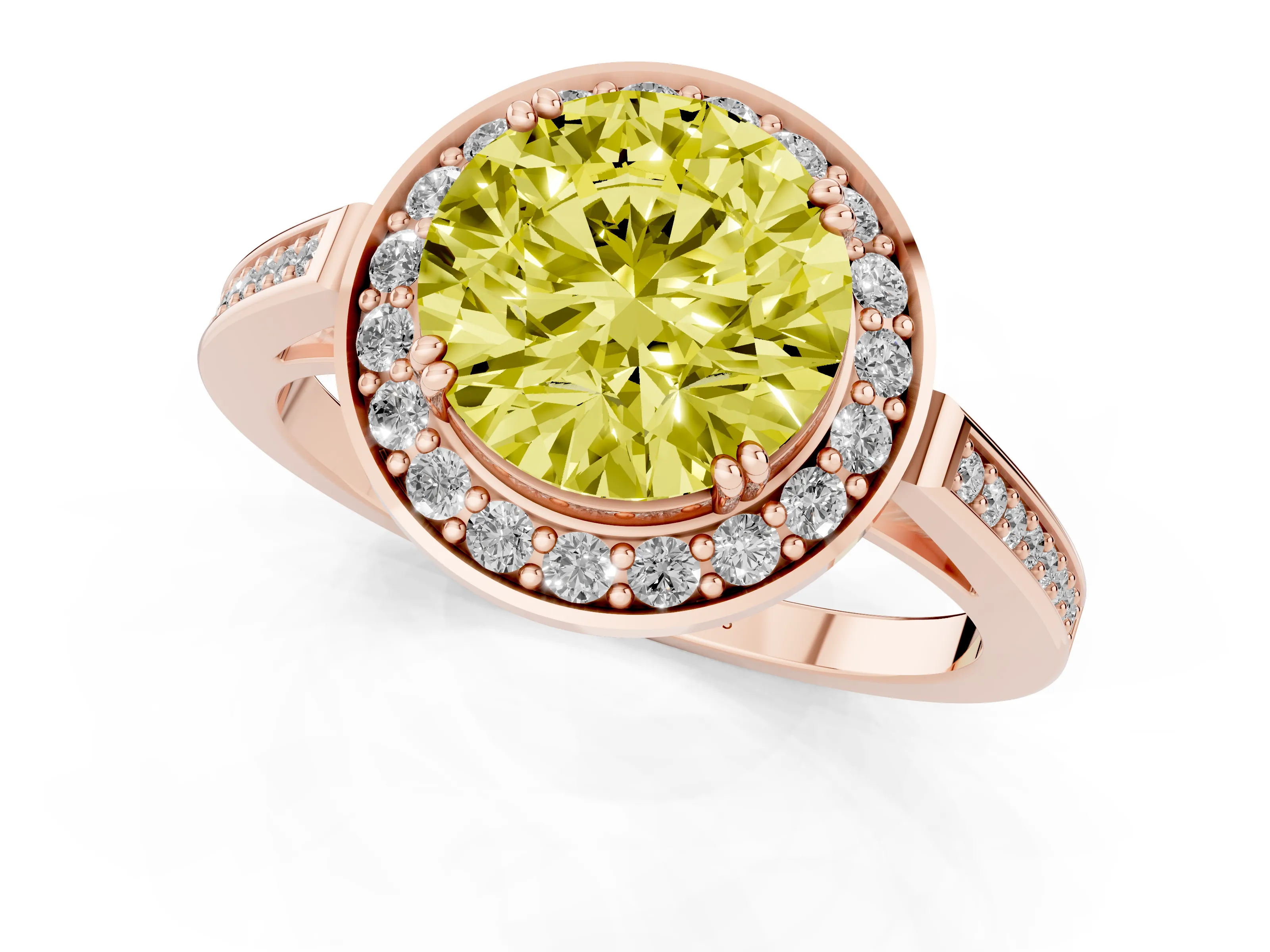 Fancy Yellow Round Cut Diamond Halo Ring Set in Rose gold with Accent-Lined Split Shank and Prong Setting