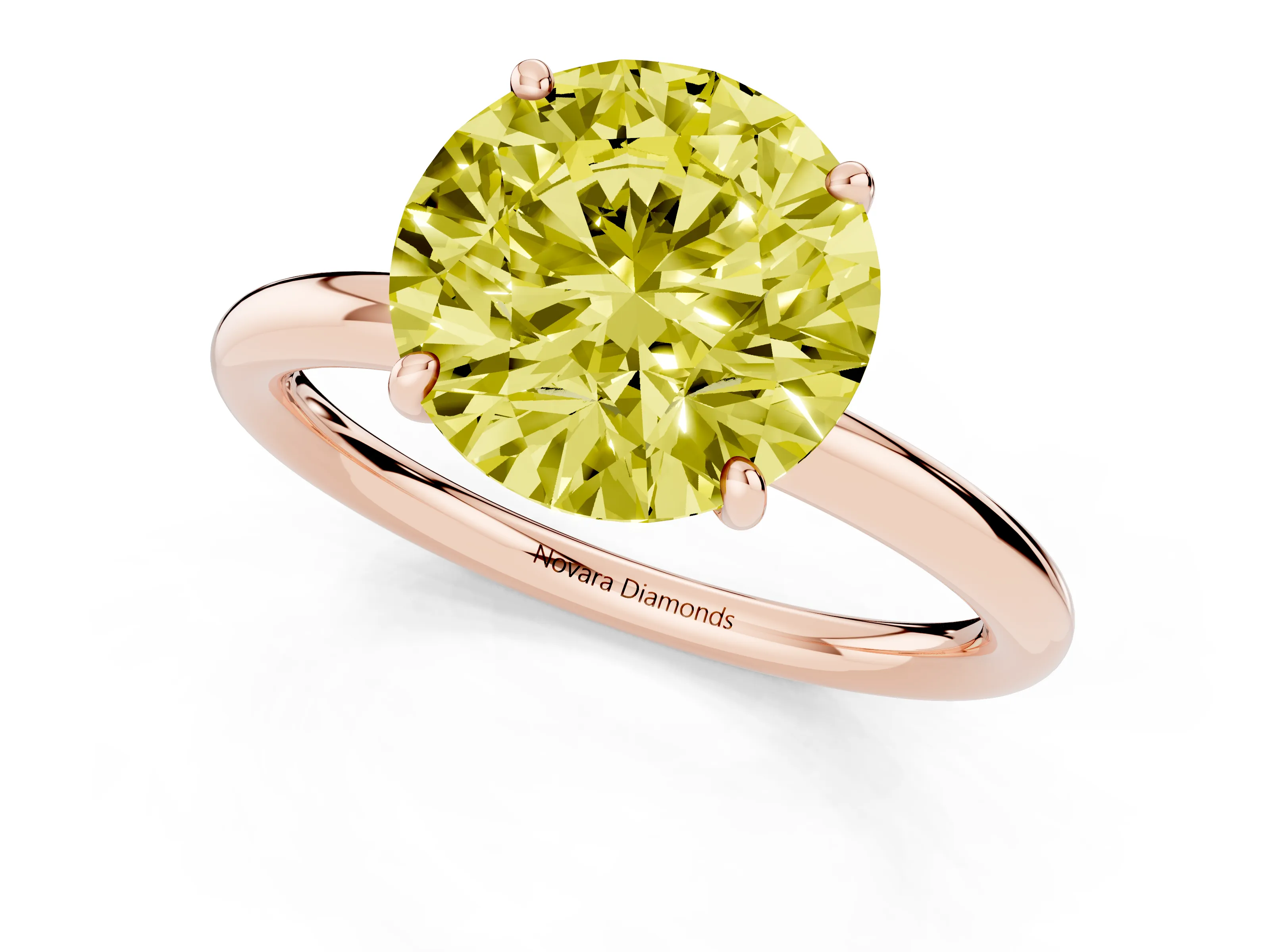 Fancy Yellow Round Cut Diamond Solitaire Ring Set in Rose gold with Prong Setting on a Polished Plain Band