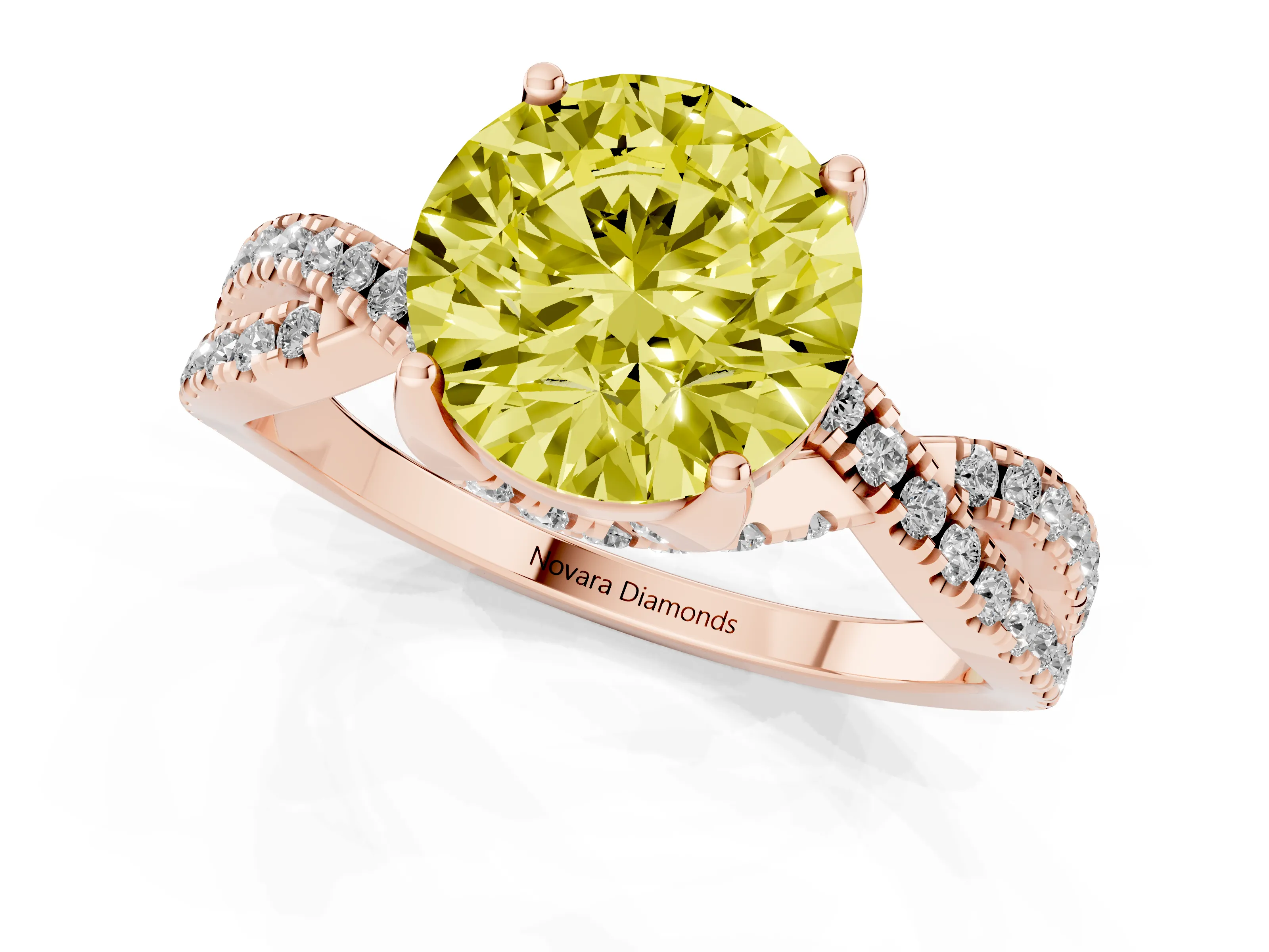 Fancy Yellow Round Cut Diamond Twist Pavé Solitaire Engagement Ring Set in Rose gold with Prong Setting