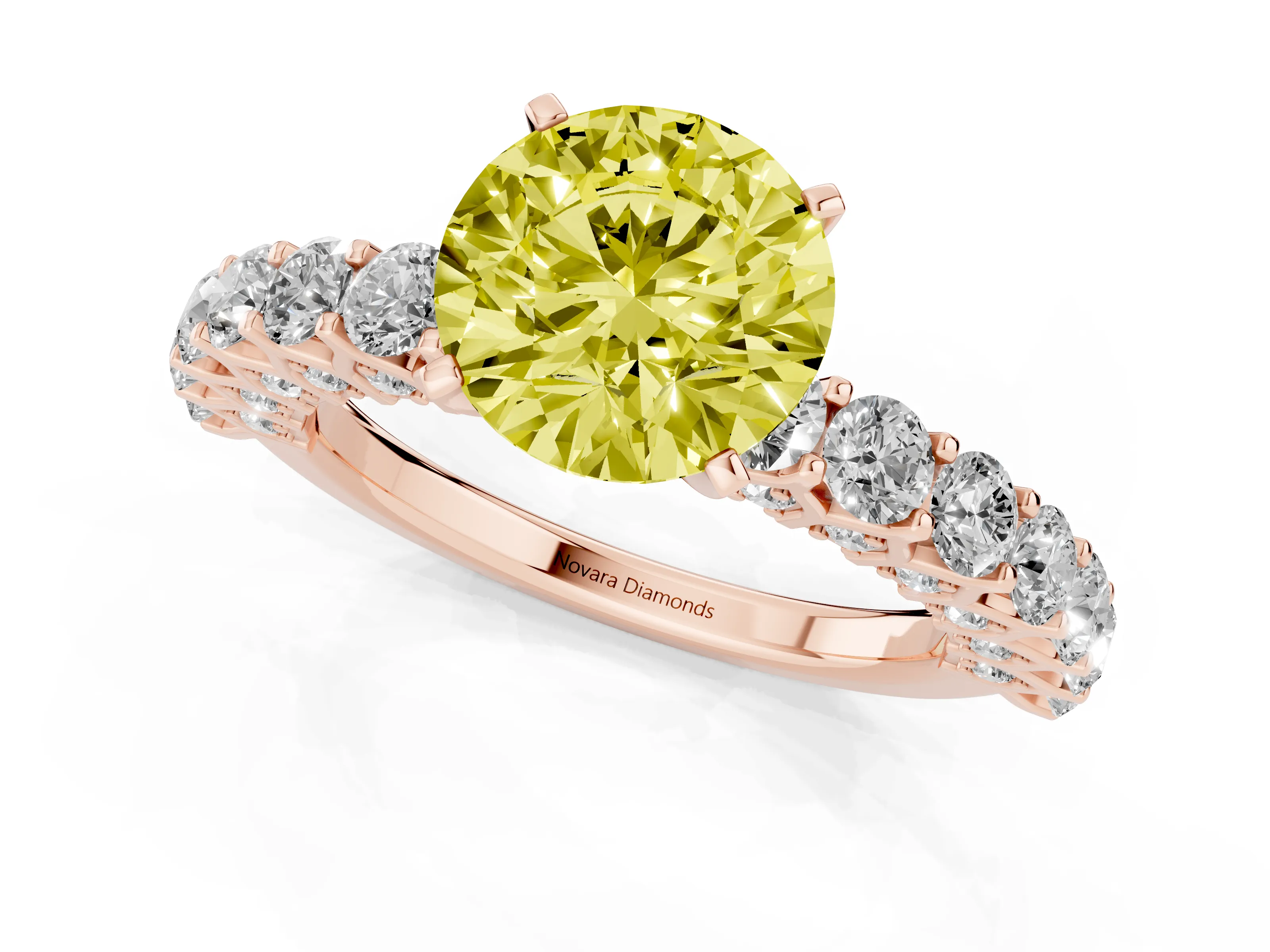 Fancy Yellow Round Cut Diamond Solitaire Ring Set in Rose gold with Shared Prong Pavé Band