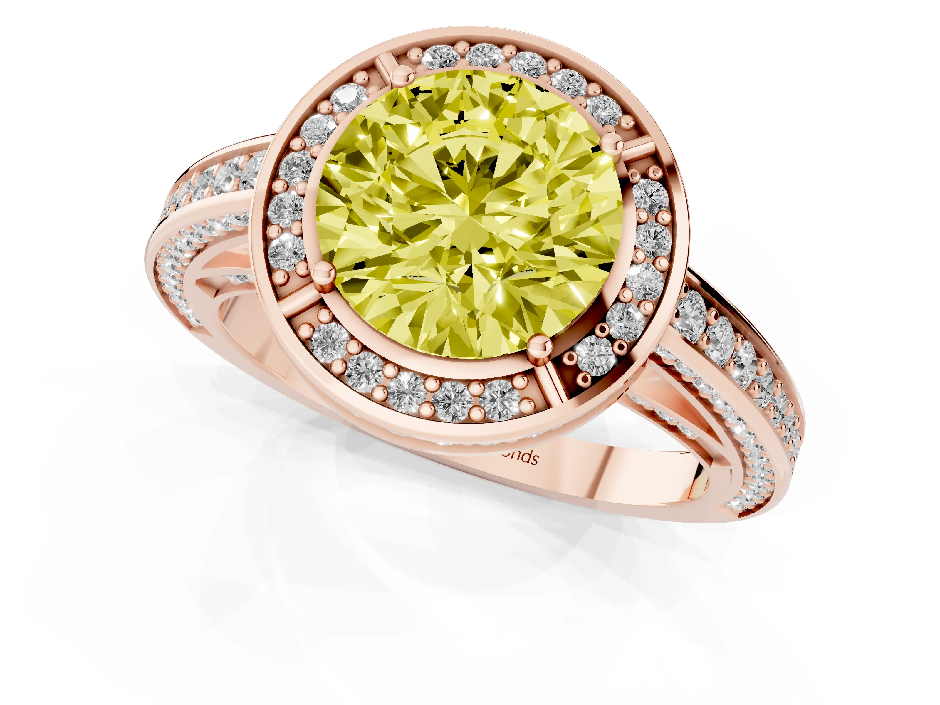 Fancy Yellow Round Cut Diamond Halo Pavé Split Shank Ring Set in Rose gold with Prong Setting