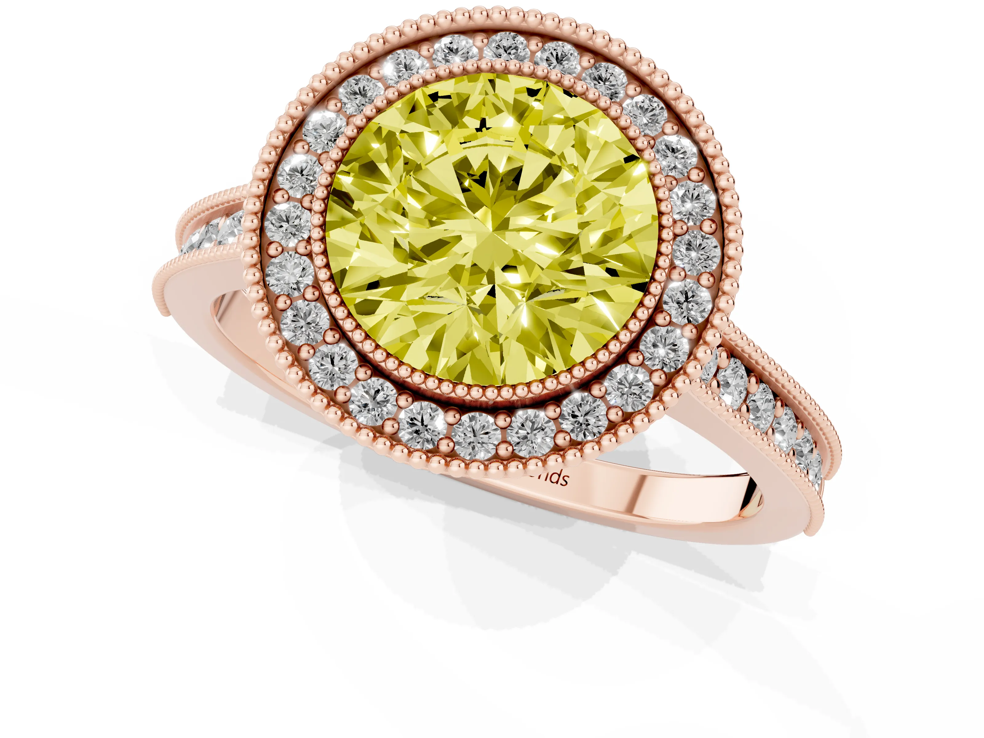 Fancy Yellow Round Cut Diamond Halo Milgrain Pavé Band Ring Set in Rose gold with Prong Setting