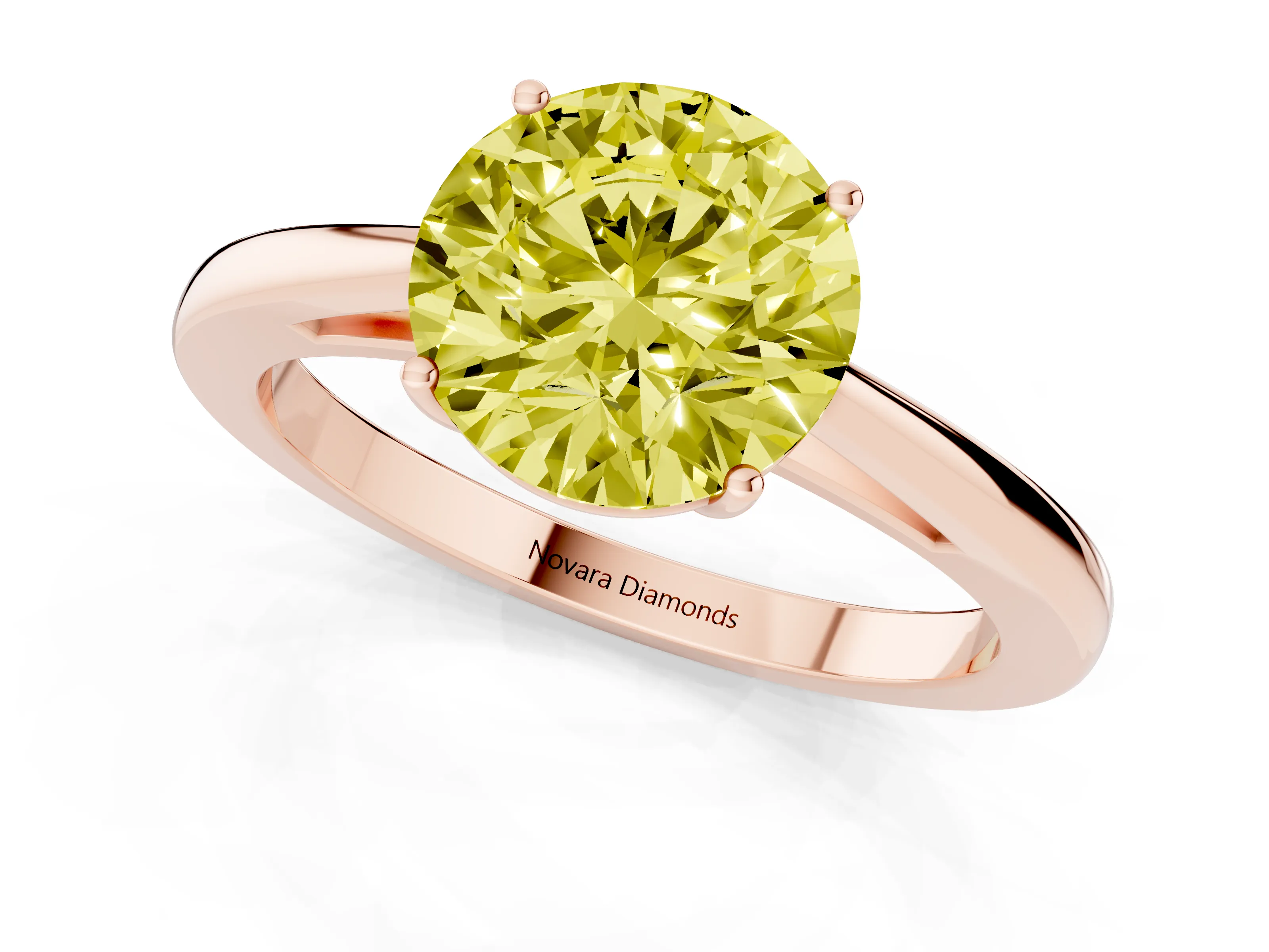Fancy Yellow Round Cut Diamond Solitaire Ring Set in Rose gold with Split Shank and Prong Setting