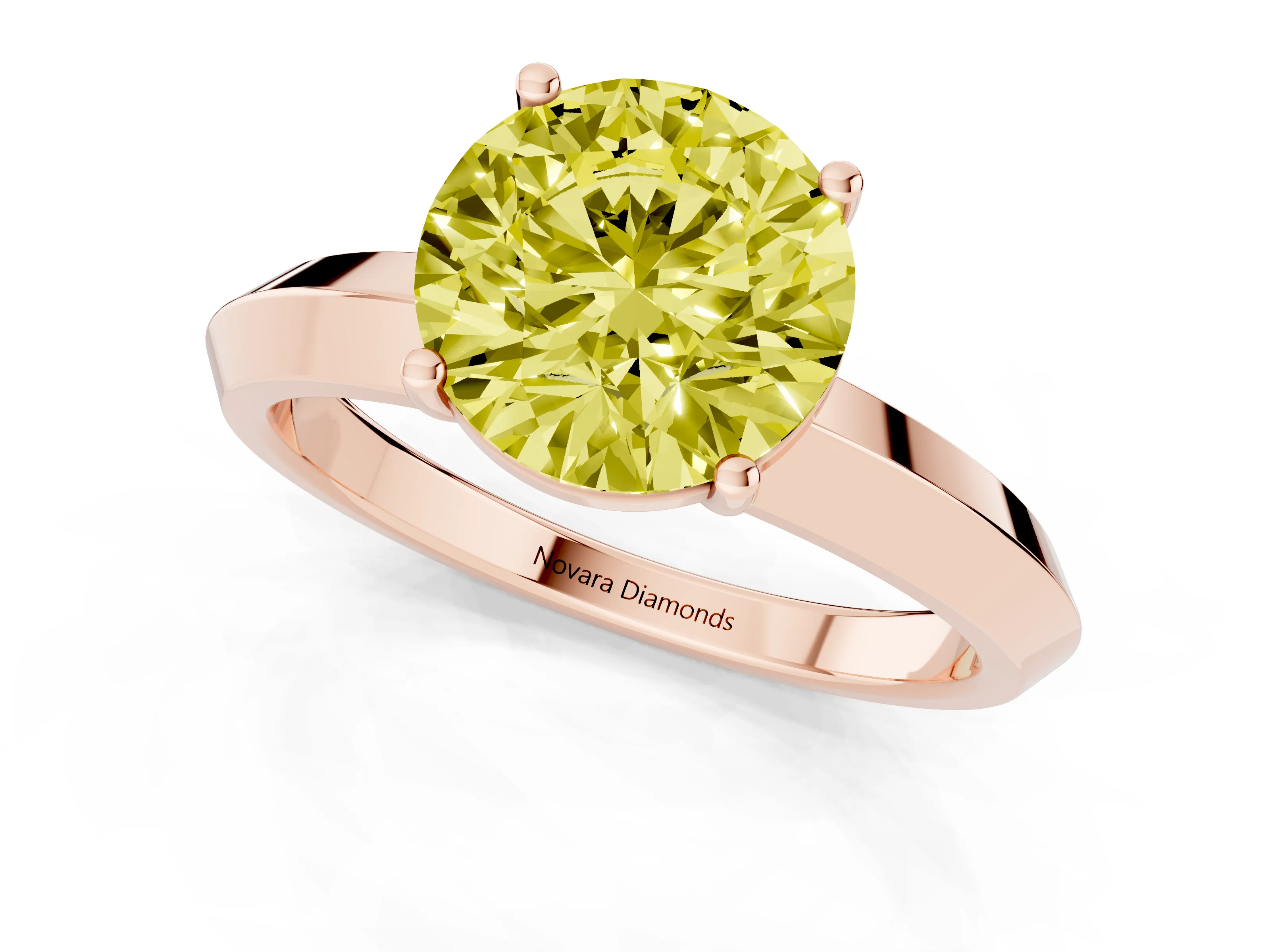 Fancy Yellow Round Cut Diamond Solitaire Engagement Ring Set in Rose gold with Flat Band and Prong Setting