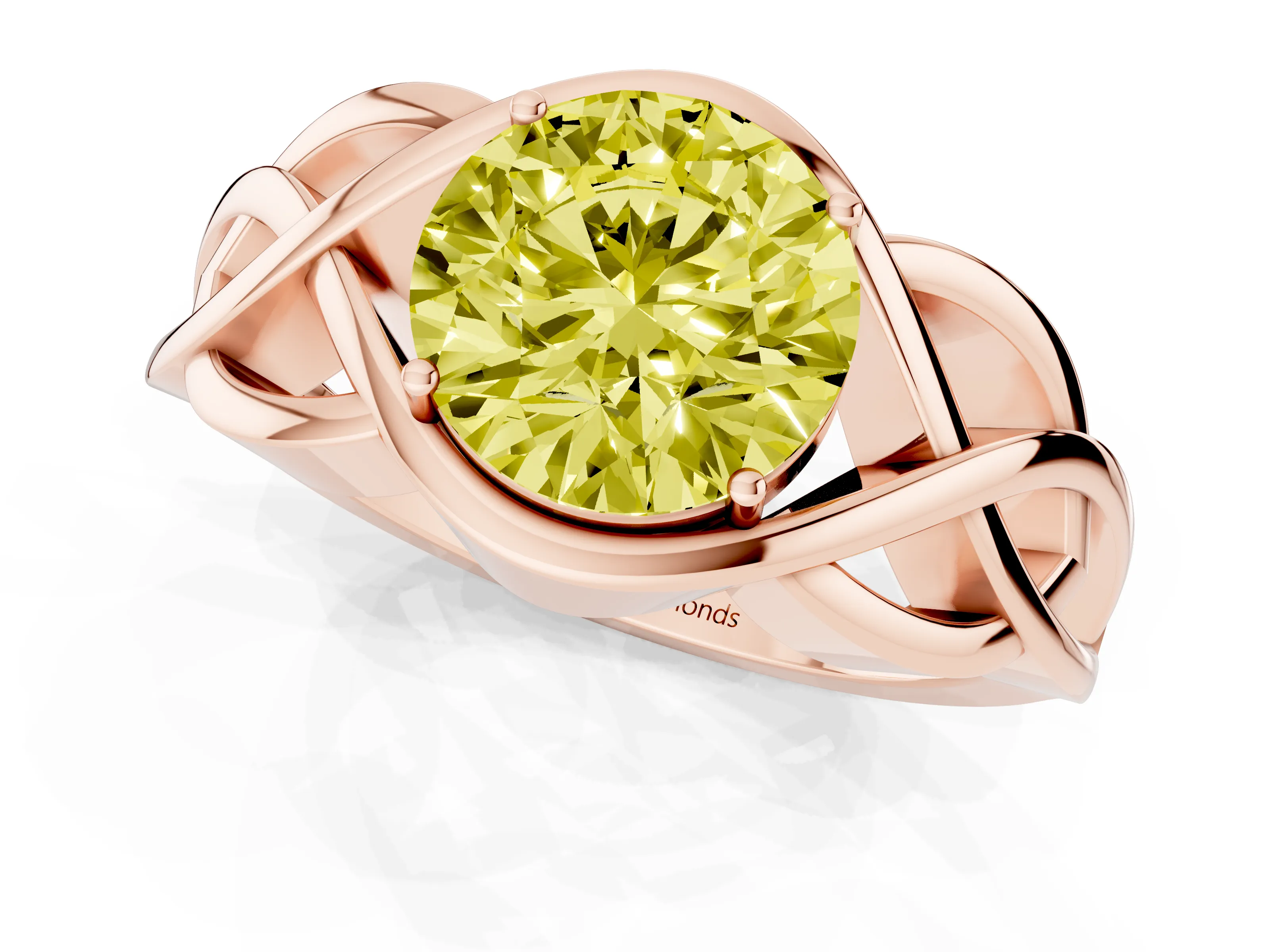 Fancy Yellow Round Cut Diamond Solitaire Ring Set in Rose gold with Intertwined Band