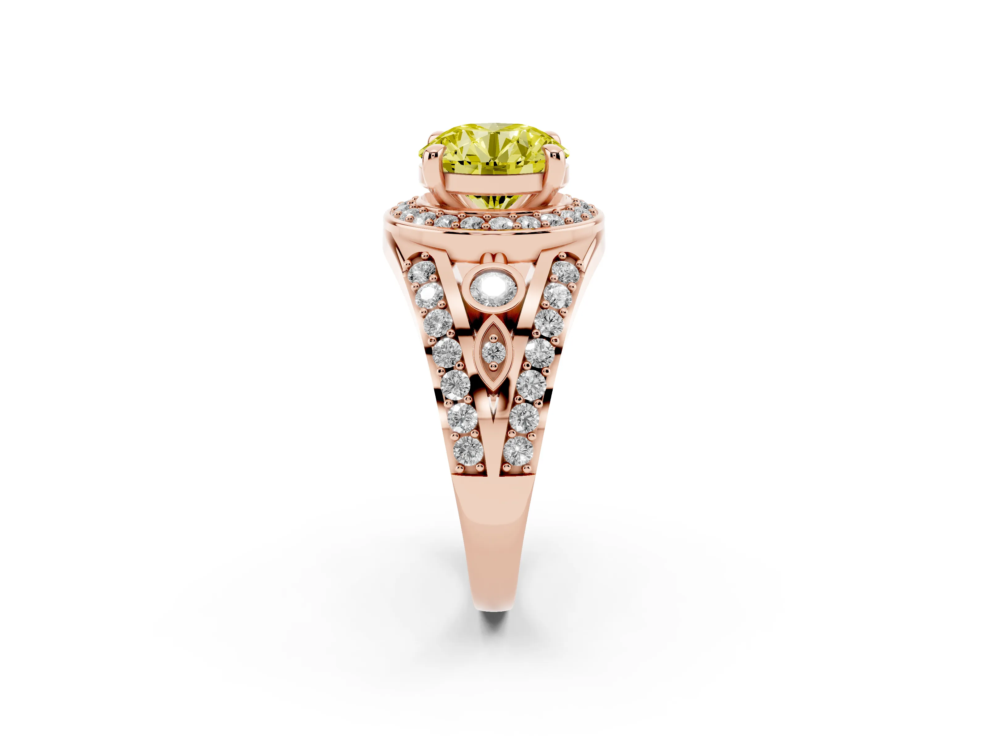 Fancy Yellow Round Cut Diamond Halo Ring Set in Rose gold with Pavé Split Shank and Bezel Accents