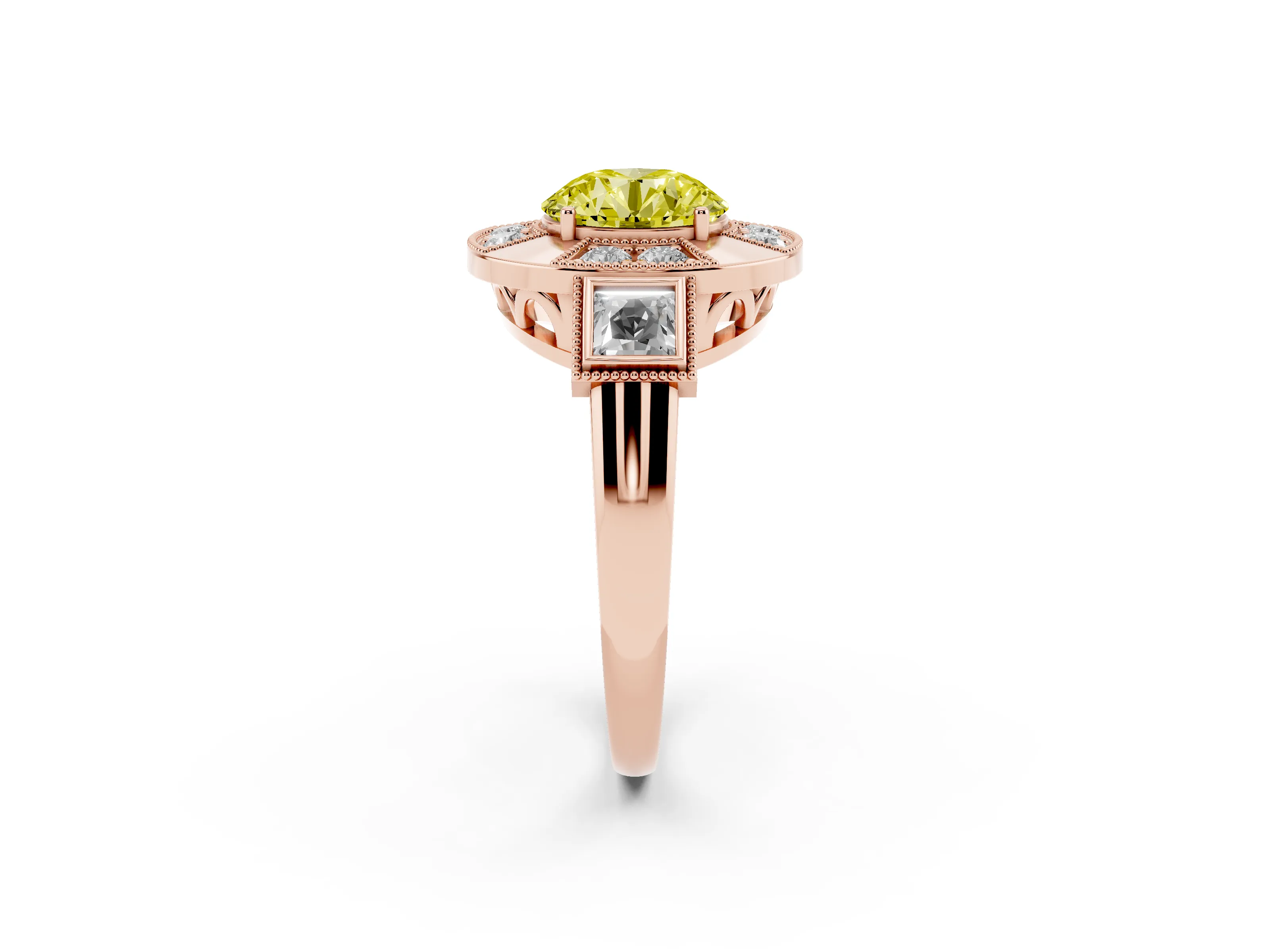 Fancy Yellow Round Cut Diamond Milgrain Halo Ring Set in Rose gold with Split Shank