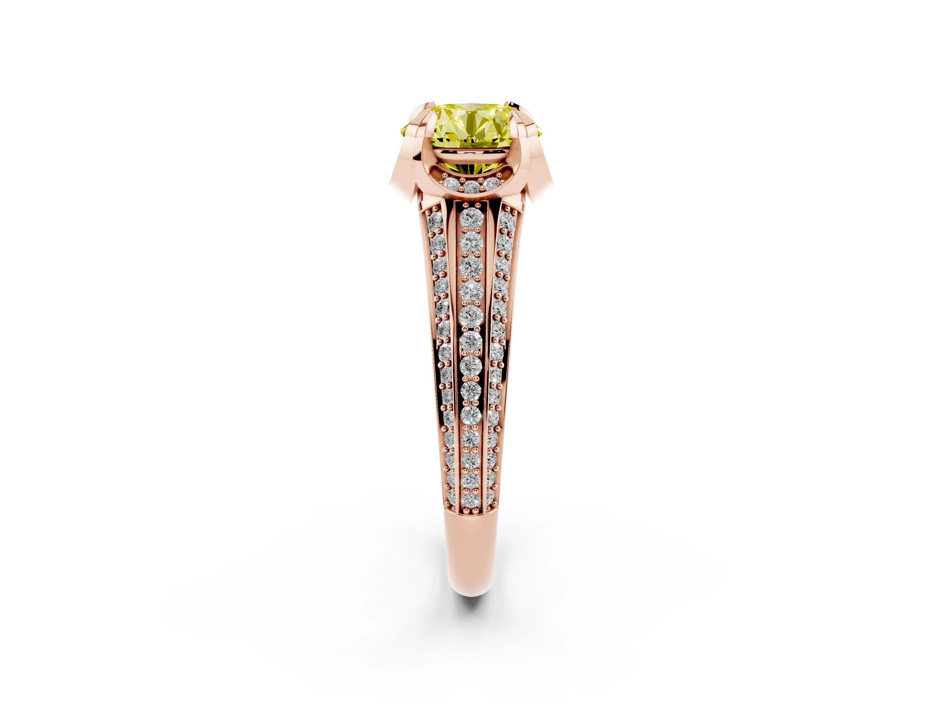 Fancy Yellow Round Cut Diamond Pavé Split Shank Solitaire Ring Set in Rose gold with Prong Setting