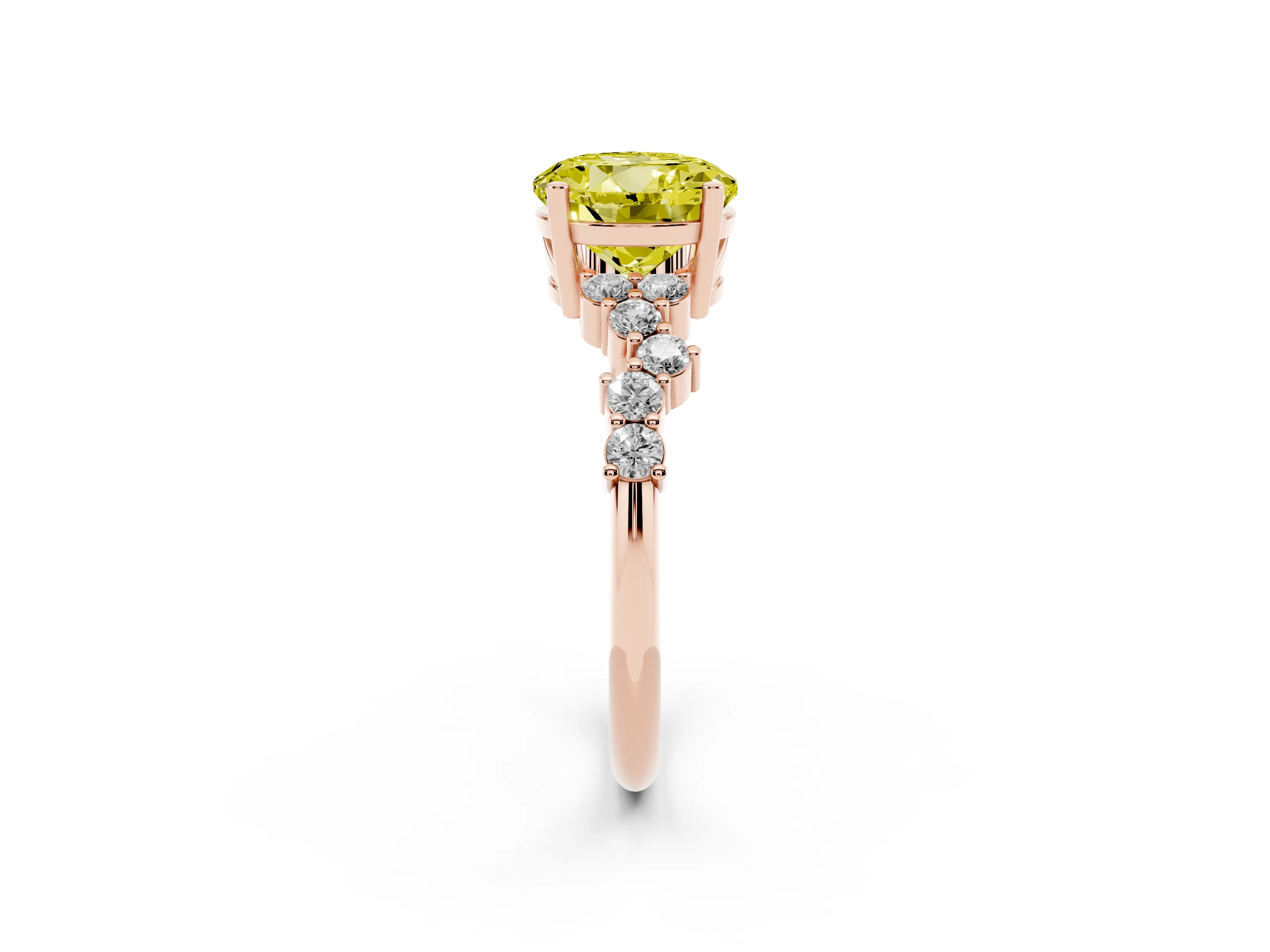 Fancy Yellow Round Cut Diamond Ring Set in Rose gold with Scattered Round Accents