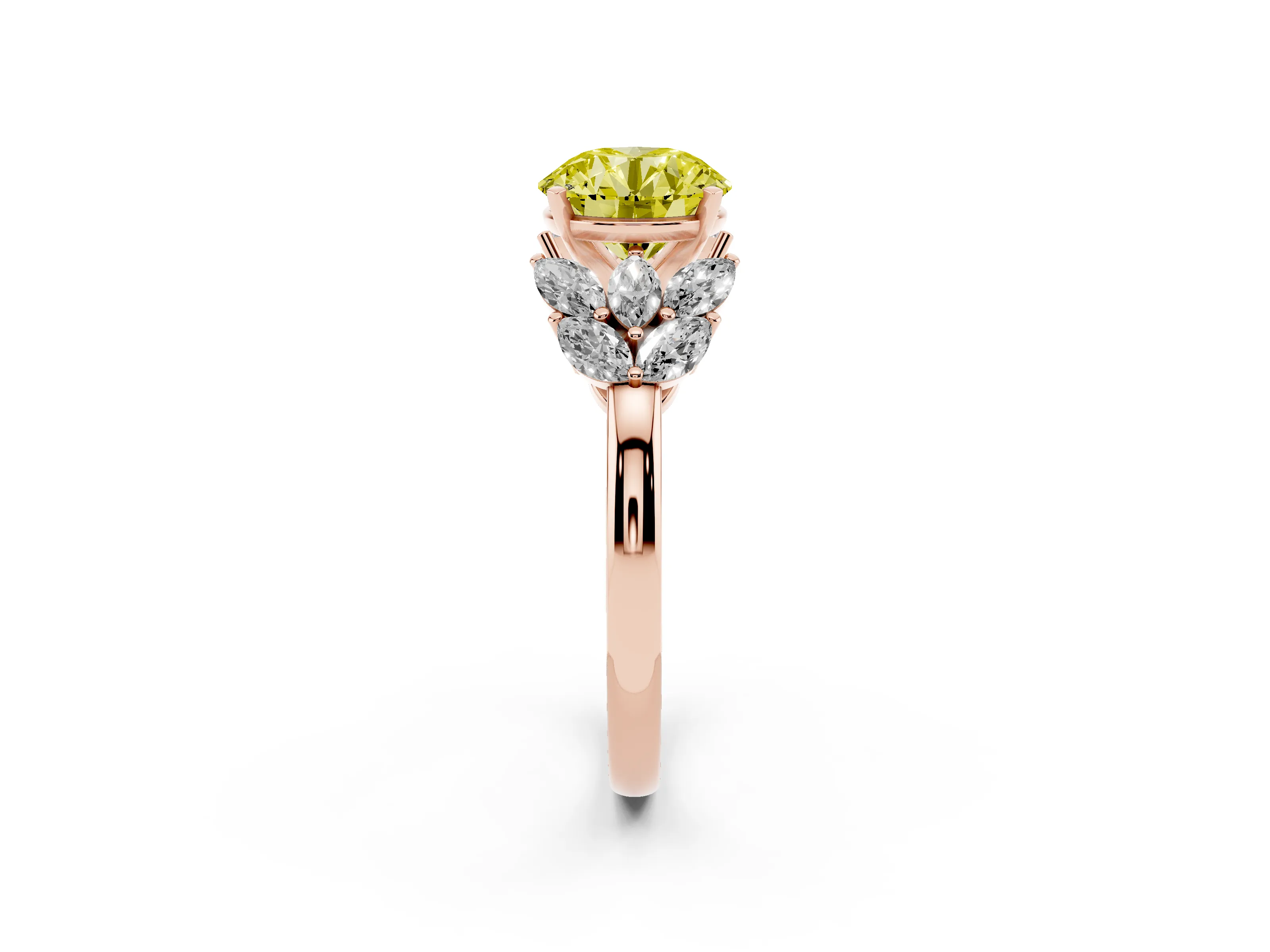 Fancy Yellow Round Cut Diamond Cluster Leaf Design Ring Set in Rose gold with Prong Setting