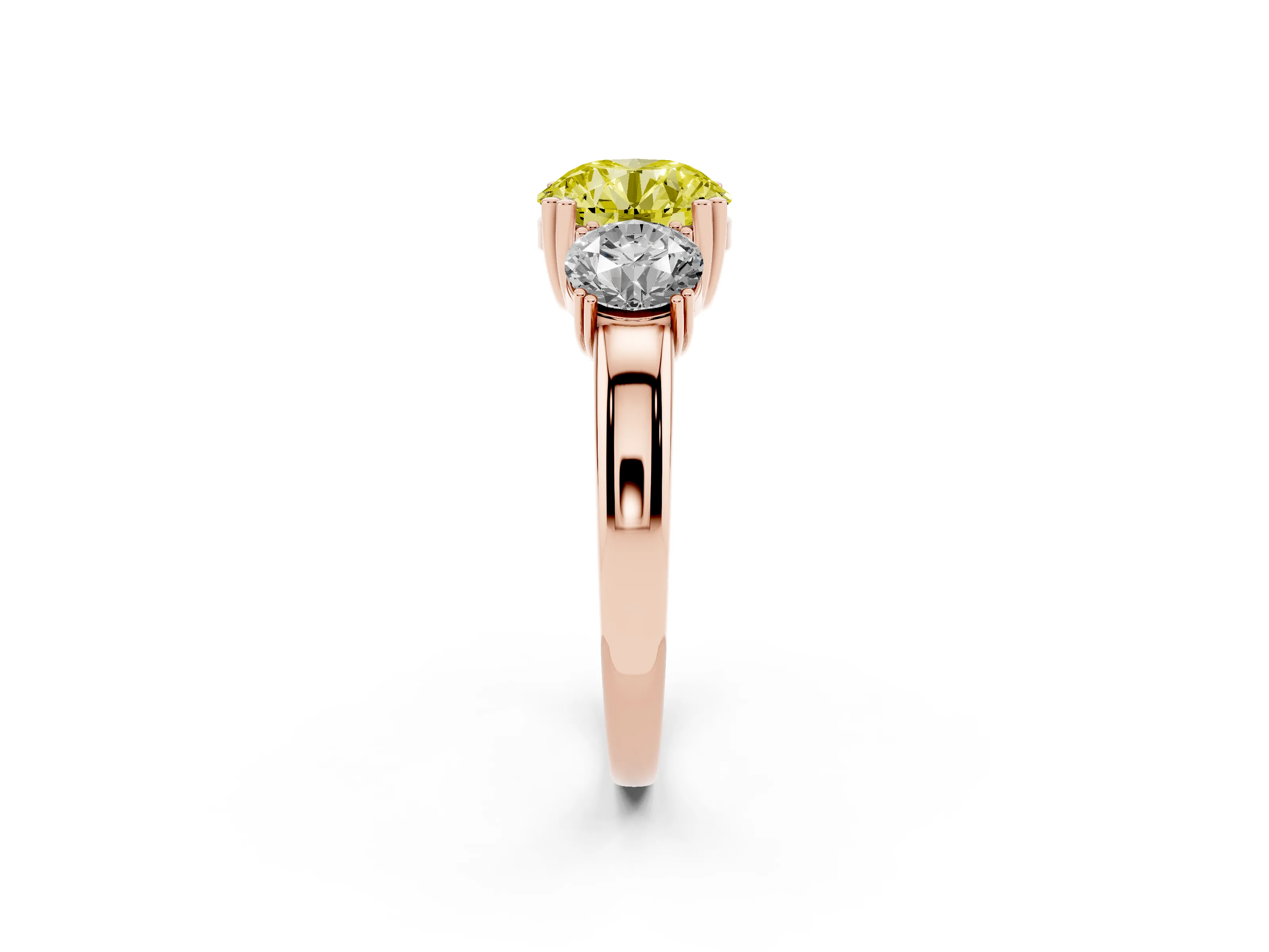 Fancy Yellow Round Cut Diamond Three-Stone Ring Set in Rose gold with Polished Channel-Set Band