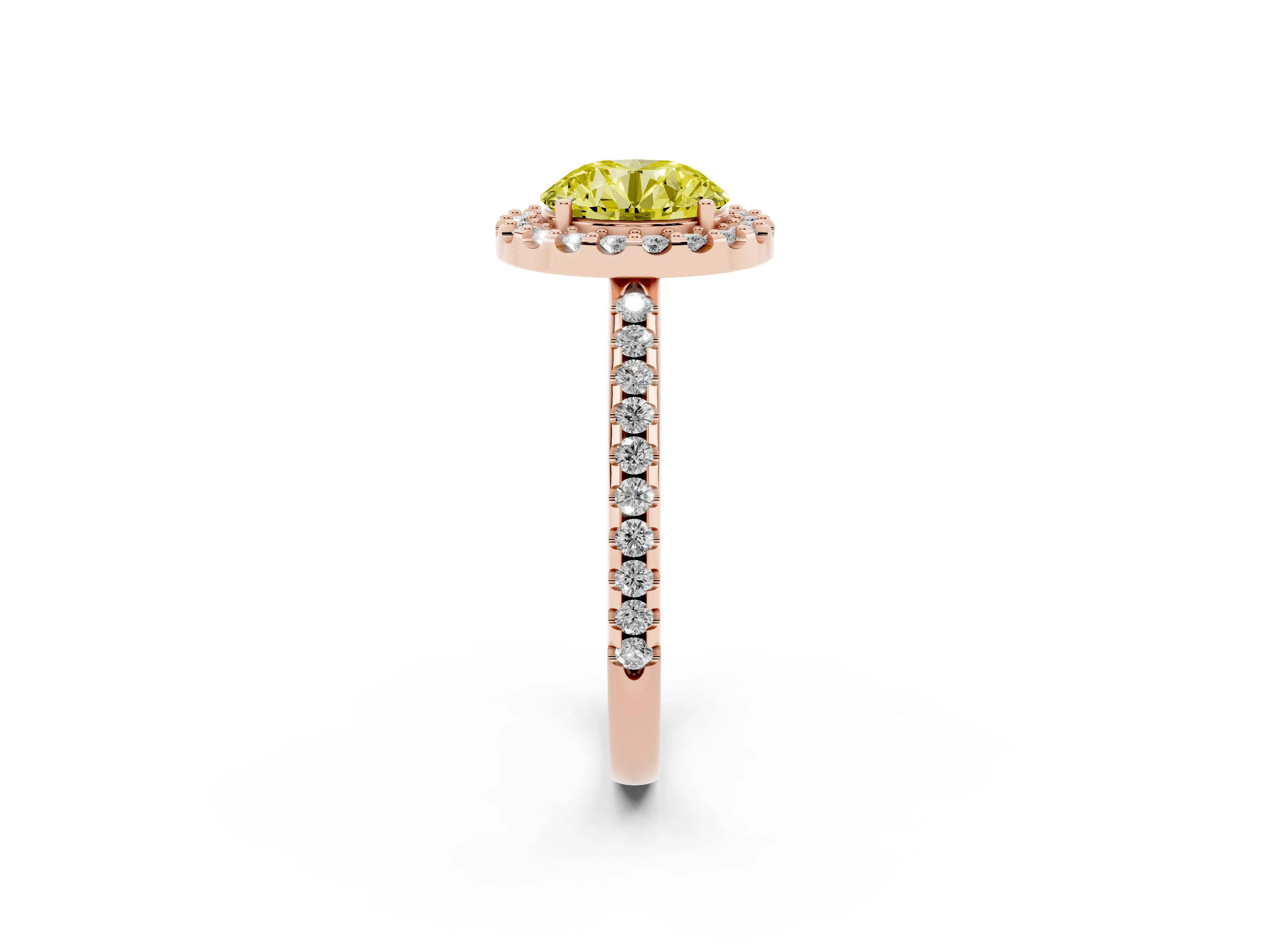 Fancy Yellow Round Cut Diamond Pavé Halo Ring Set in Rose gold with Prong Setting