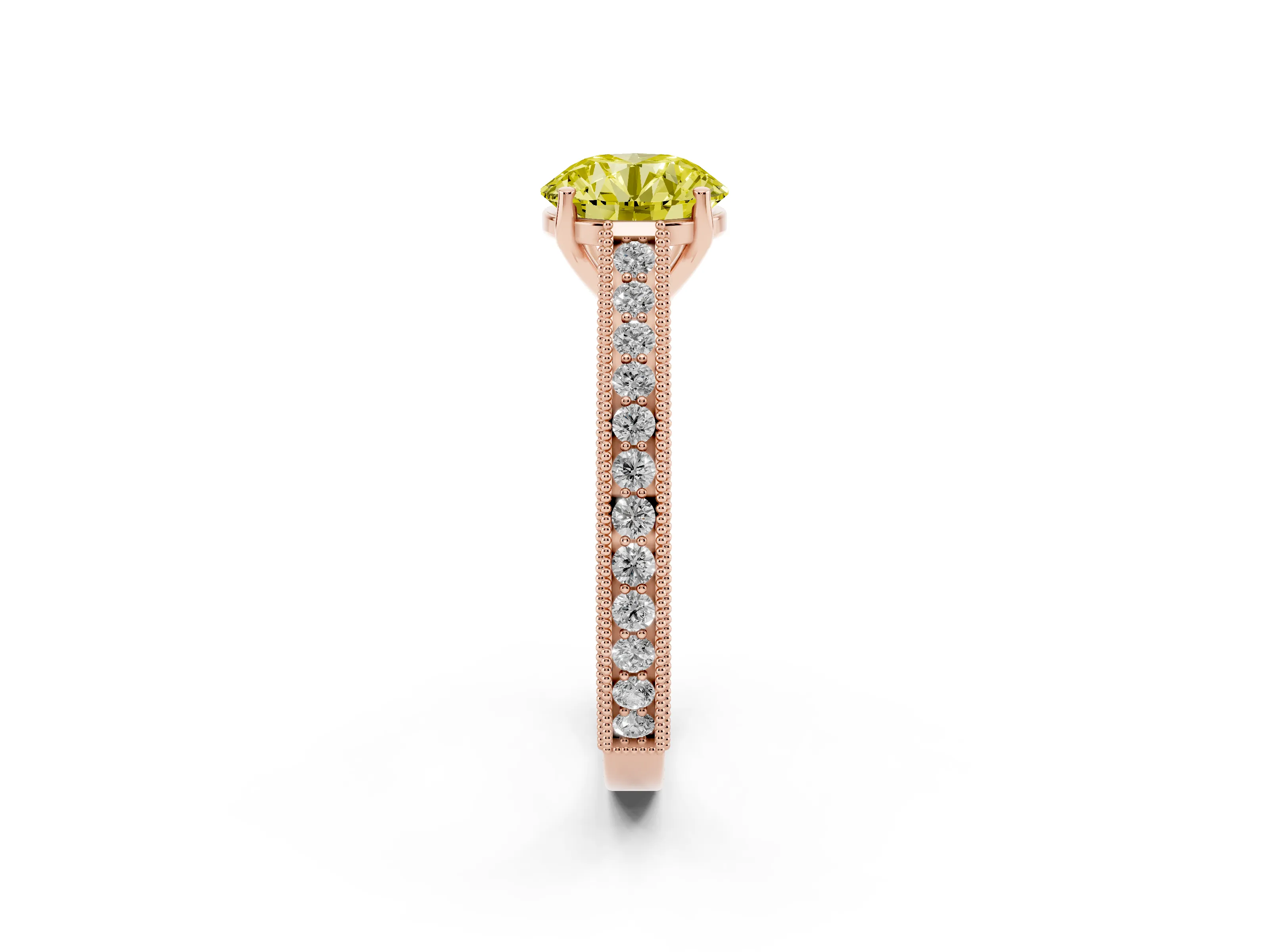 Fancy Yellow Round Cut Diamond Milgrain Pavé Band Solitaire Ring Set in Rose gold with Prong Setting
