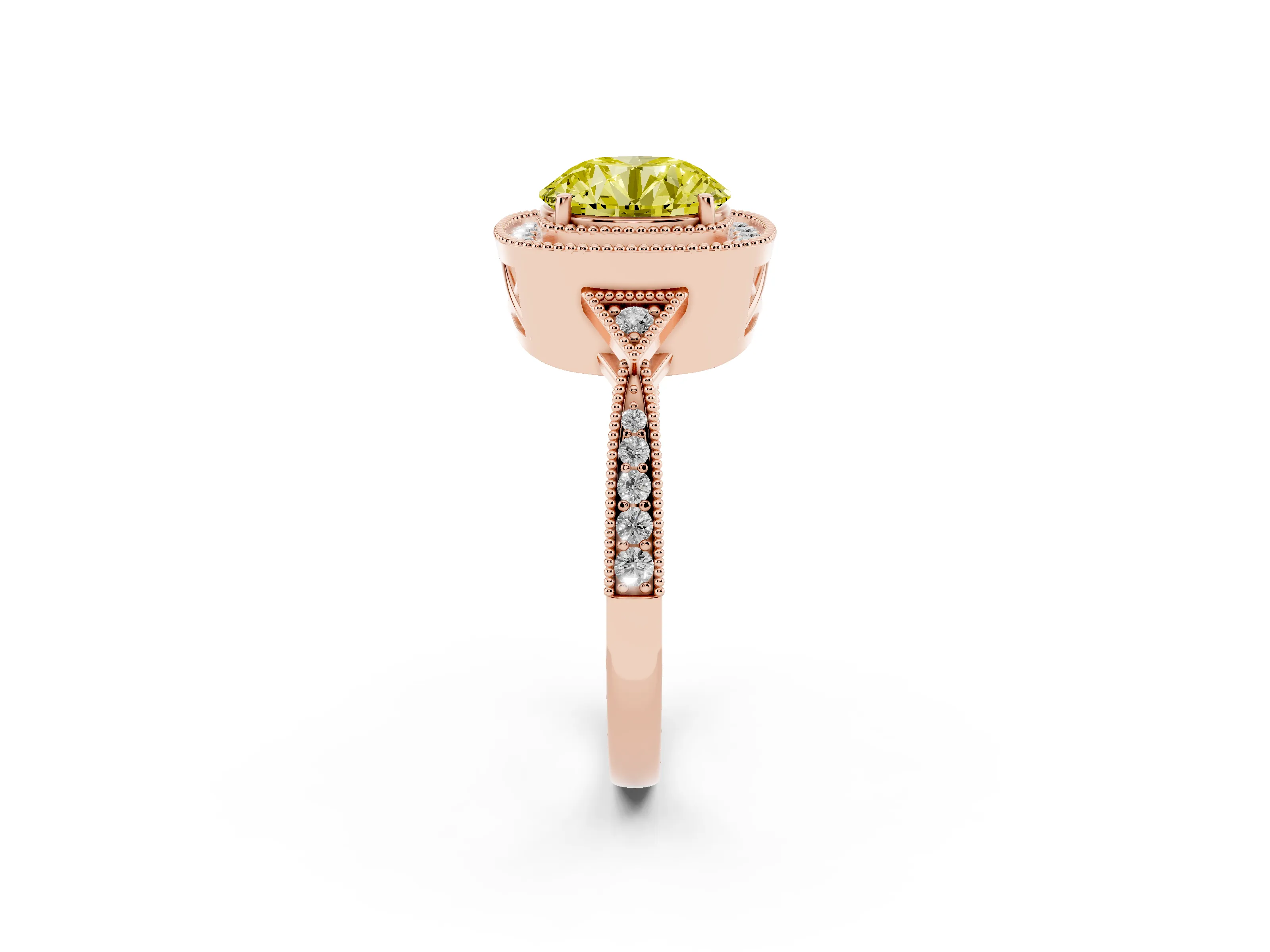 Fancy Yellow Round Cut Diamond Halo Engagement Ring Set in Rose gold with Milgrain Pavé Band