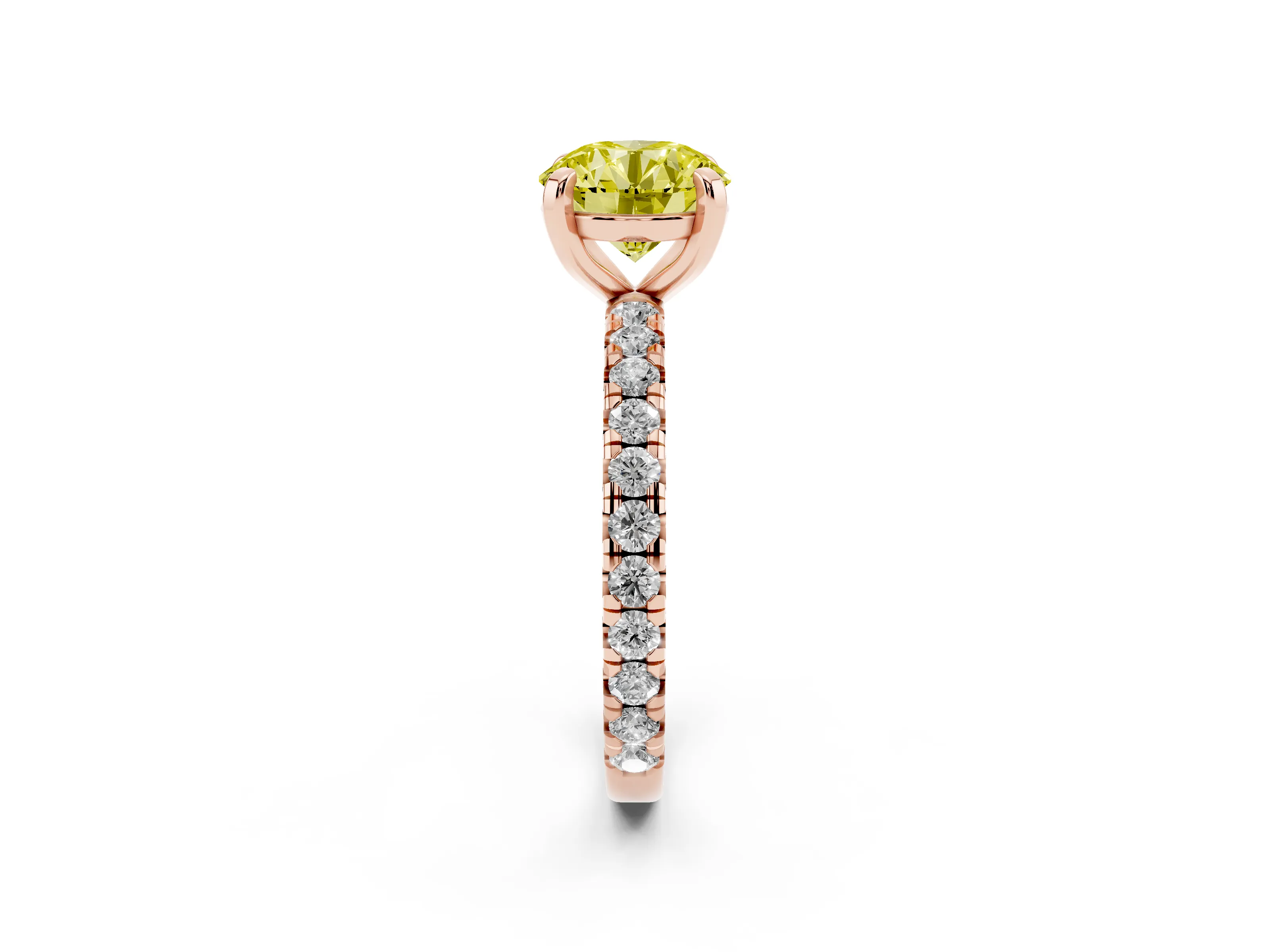 Fancy Yellow Round Cut Diamond Pavé Solitaire Ring Set in Rose gold with Round Band and Prong Setting