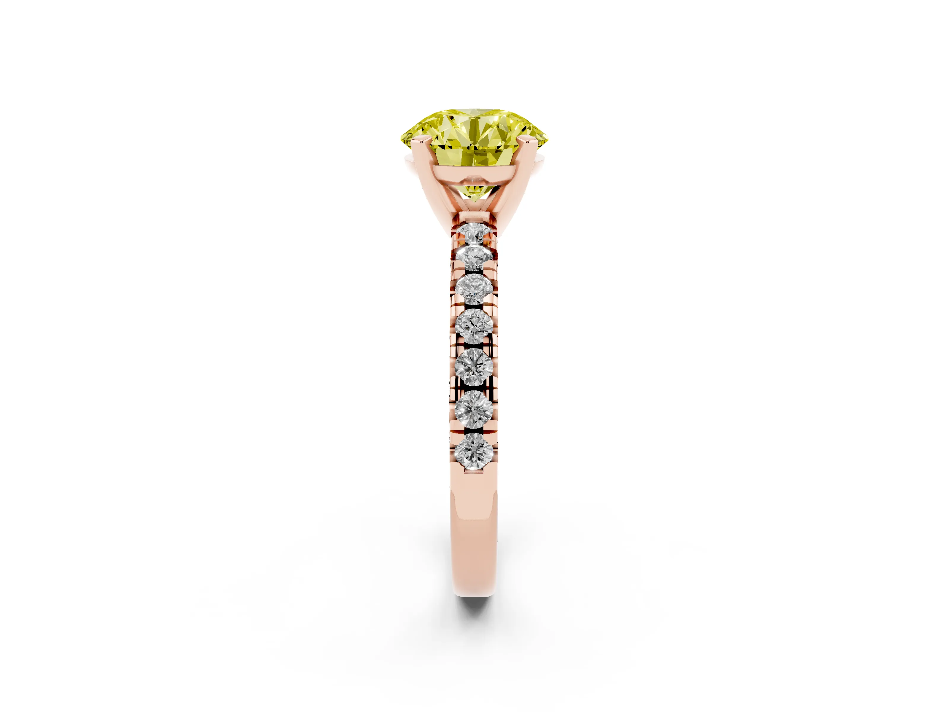 Fancy Yellow Round Cut Diamond Solitaire Pavé Engagement Ring Set in Rose gold with Round Band and Prong Setting