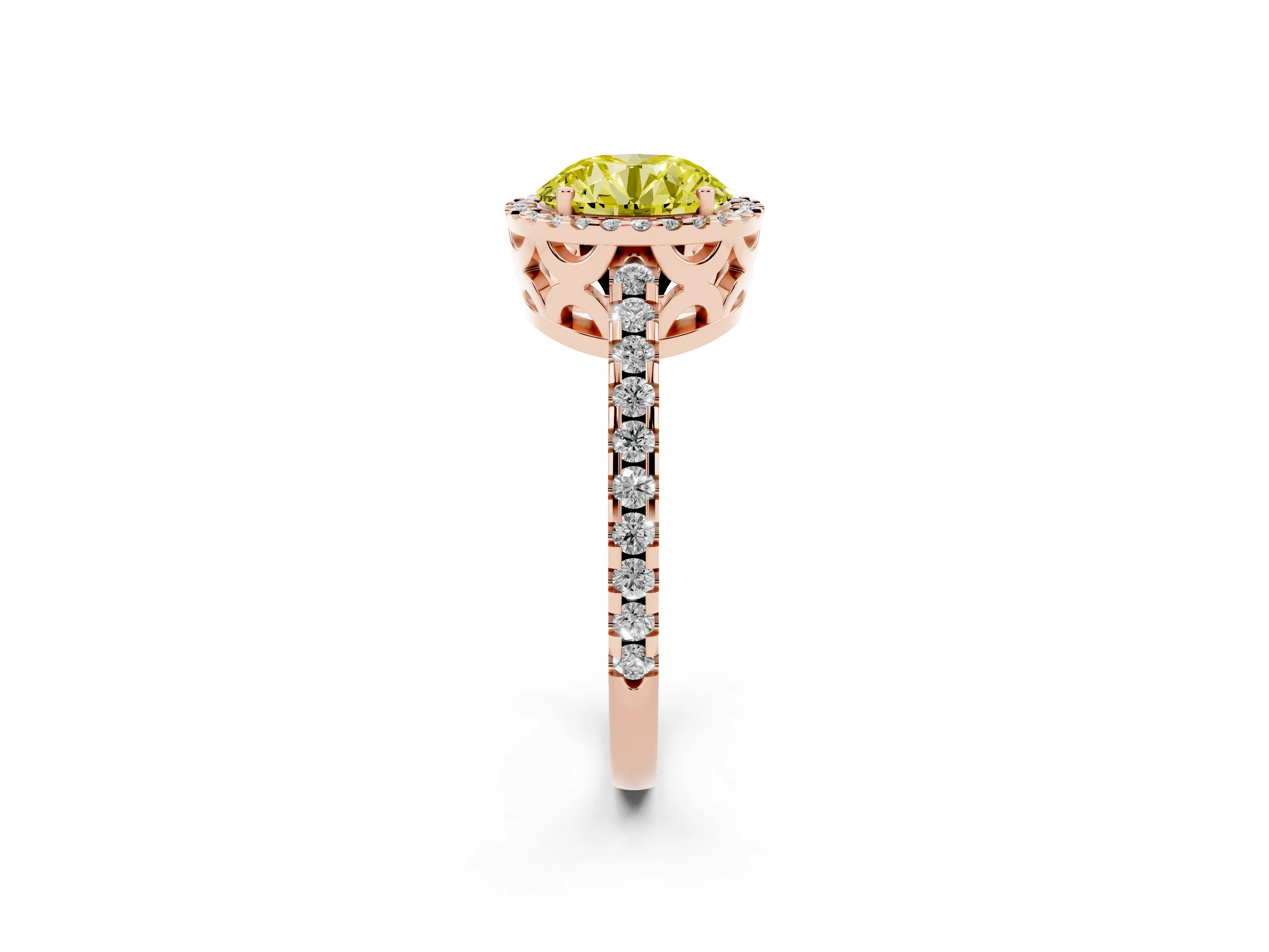Fancy Yellow Round Cut Diamond Halo Ring Set in Rose gold with Pavé Shoulders and Halo-Framed Center