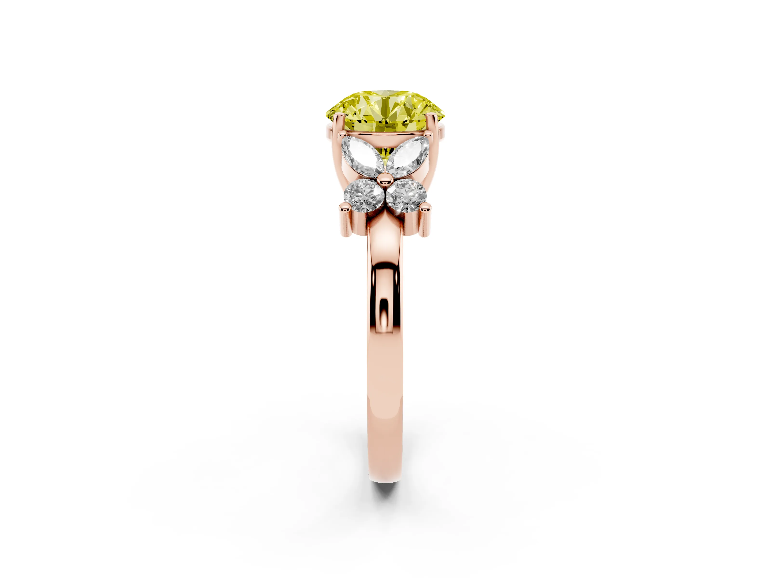 Fancy Yellow Round Cut Diamond Floral Cluster Ring Set in Rose gold with Marquise Petals and Prong Setting