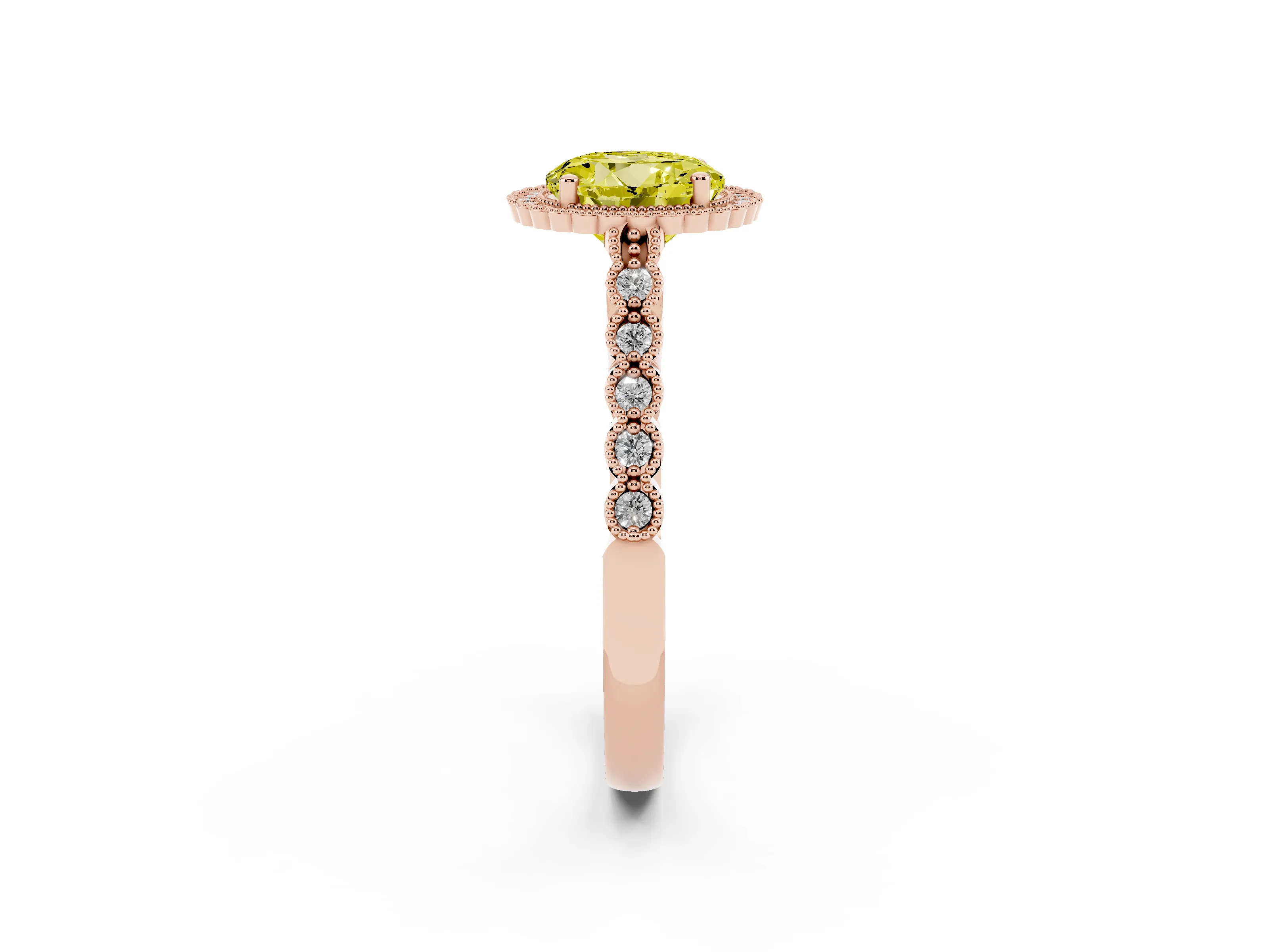 Fancy Yellow Round Cut Diamond Halo Ring Set in Rose gold with Pavé Milgrain Band