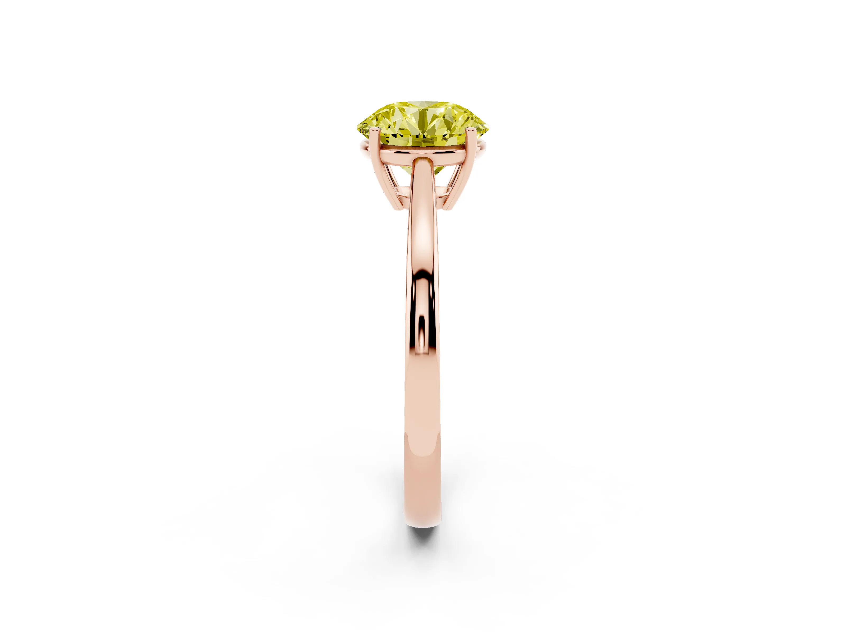 Fancy Yellow Round Cut Diamond Solitaire Ring Set in Rose gold with Split Shank and Prong Setting