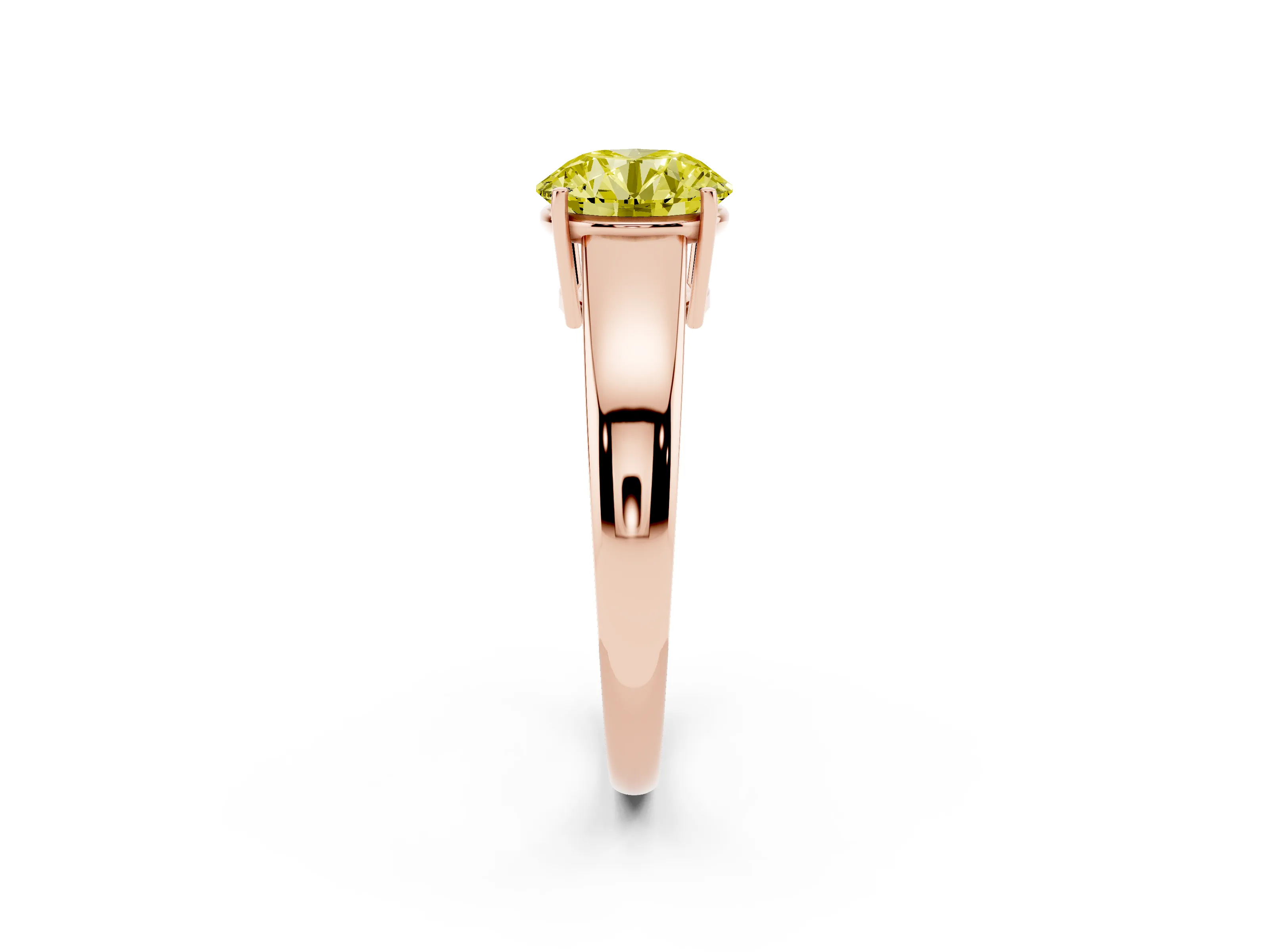 Fancy Yellow Round Cut Diamond Solitaire Ring Set in Rose gold with Tapered Band and Prong Setting