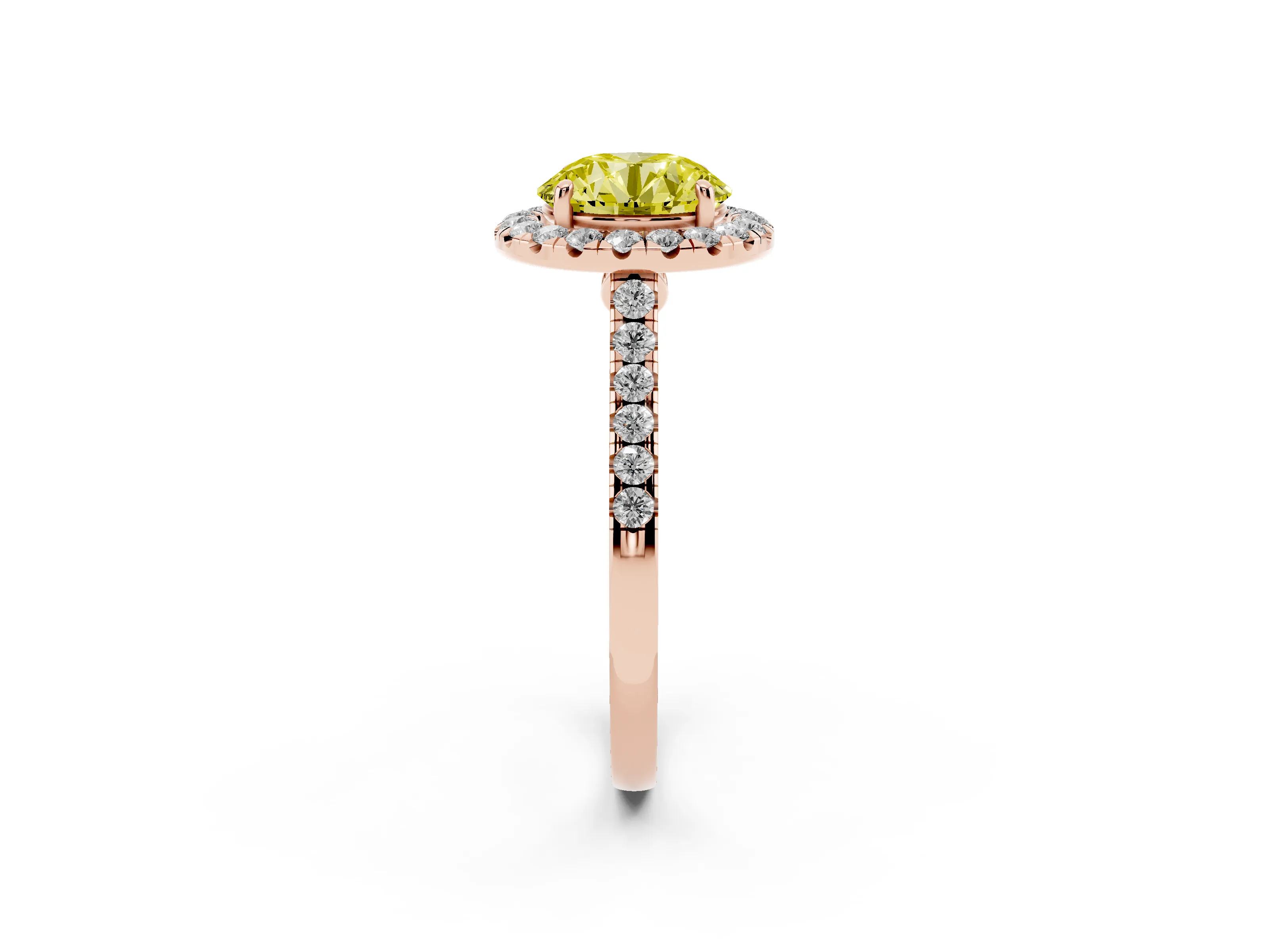 Fancy Yellow Round Cut Diamond Halo Pavé Engagement Ring Set in Rose gold with Prong Setting
