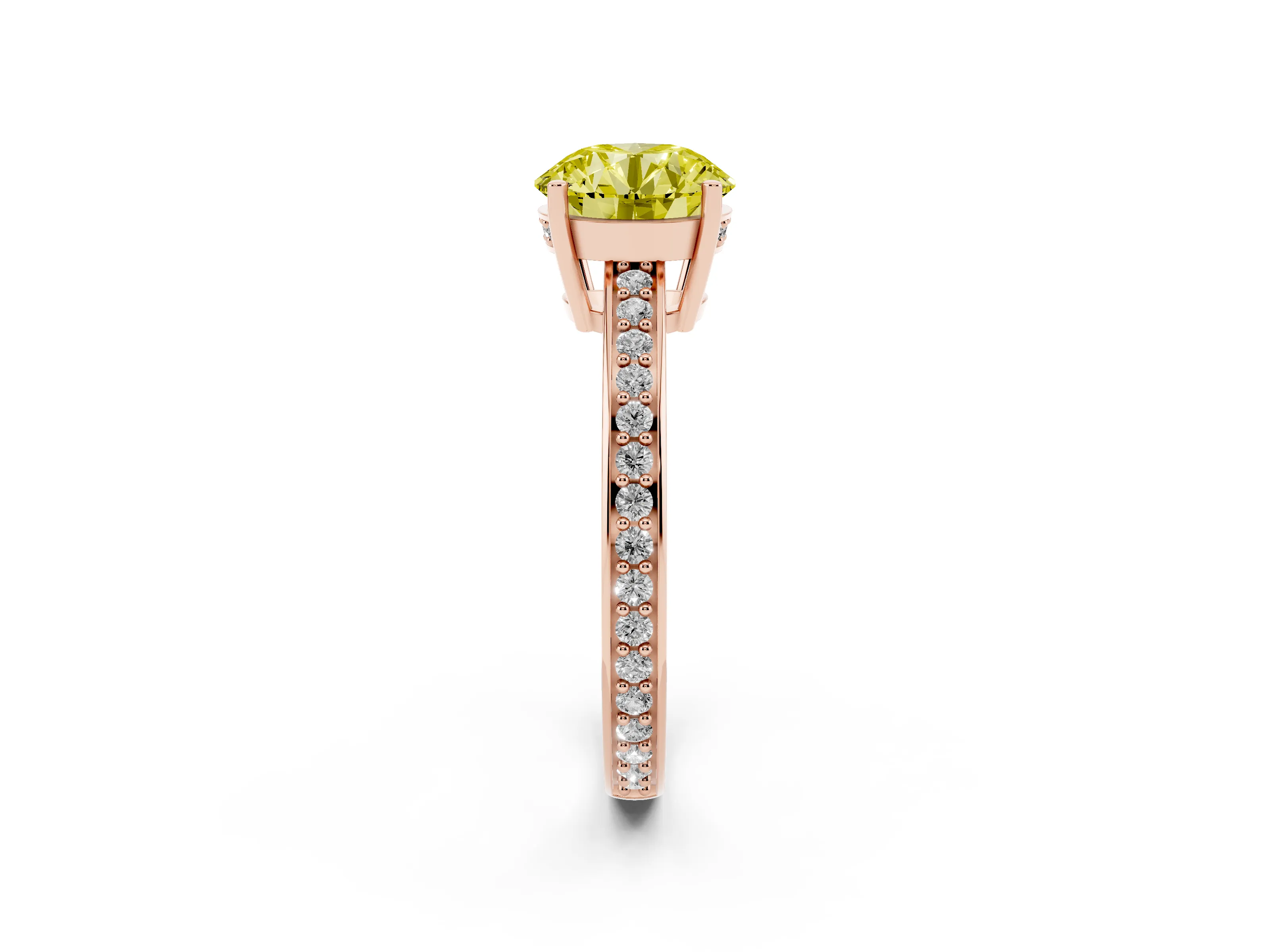Fancy Yellow Round Cut Diamond Pavé Band Prong Set Solitaire Ring Set in Rose gold