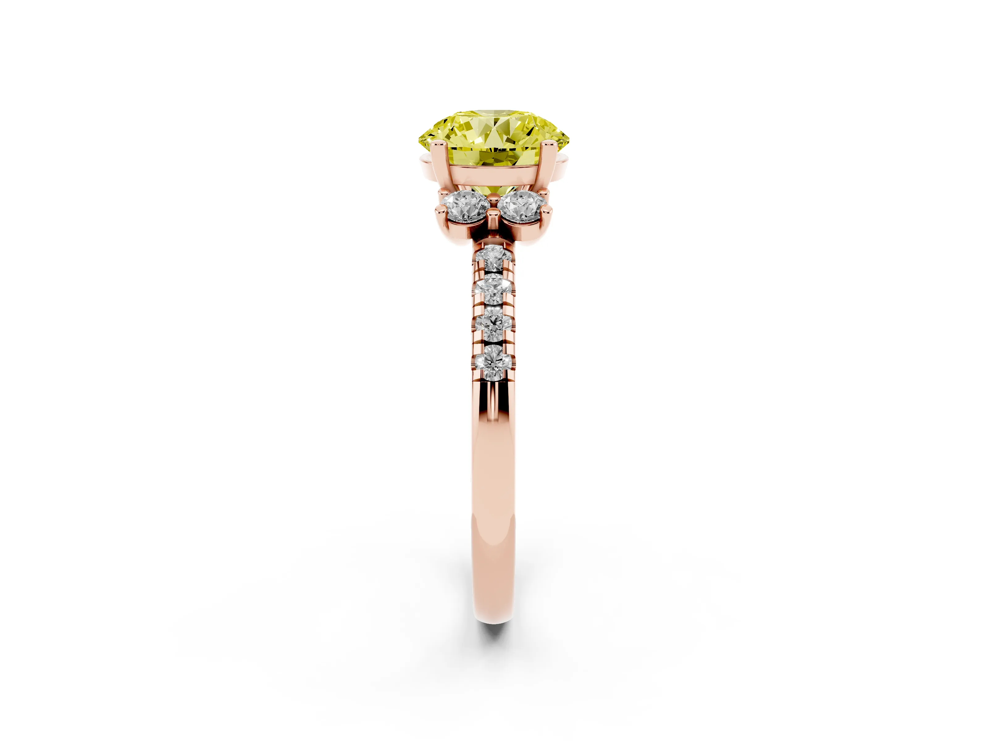 Fancy Yellow Round Cut Diamond Three-Stone Pavé Ring Set in Rose gold with Prong Setting