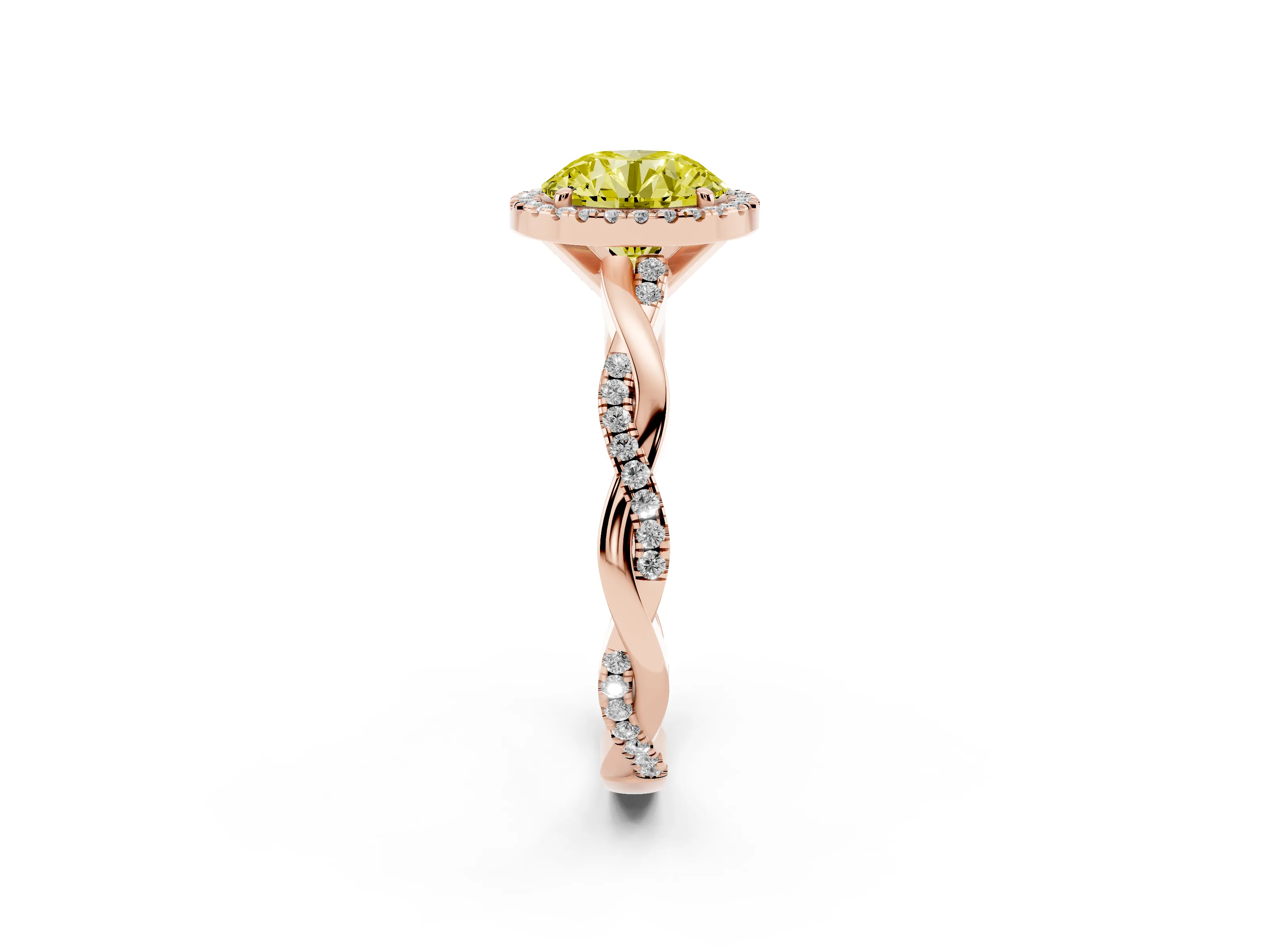 Fancy Yellow Round Cut Diamond Halo Twisted Band Ring Set in Rose gold with Prong Setting