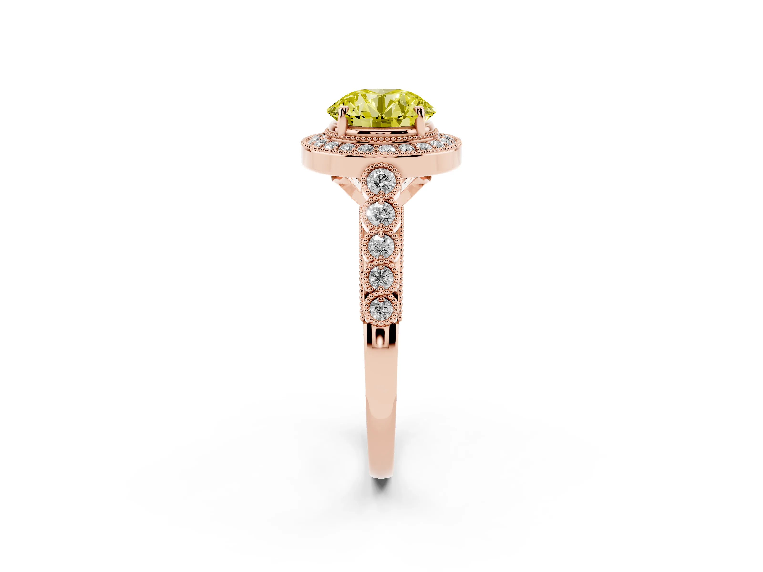 Fancy Yellow Round Cut Diamond Milgrain Halo Solitaire Ring Set in Rose gold with Bezel Set Side Stones and Pavé Band