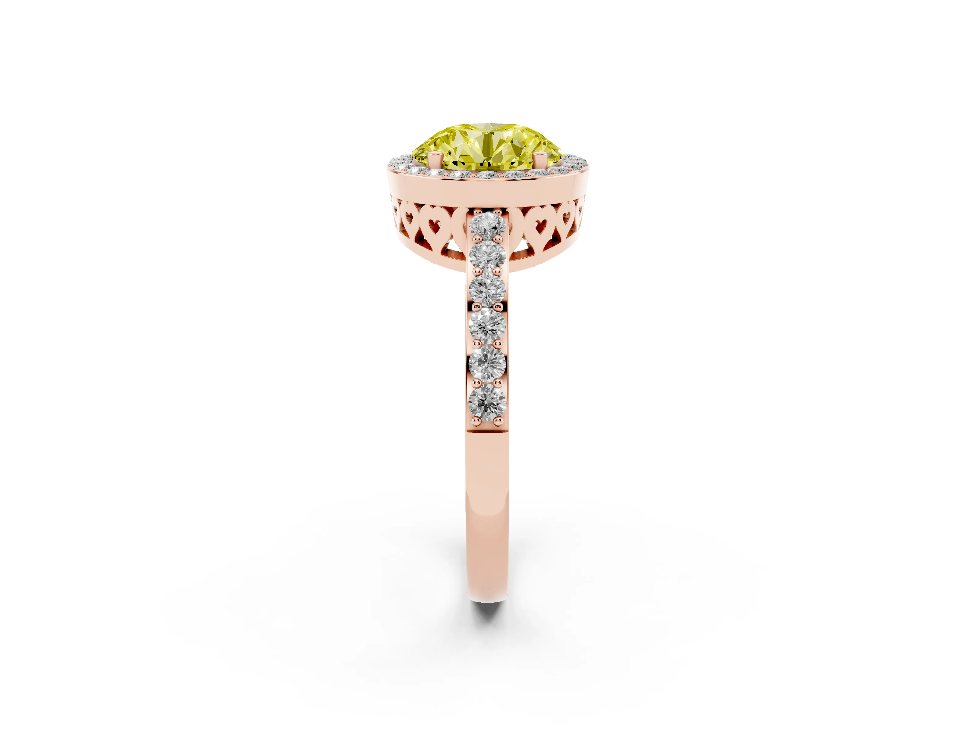 Fancy Yellow Round Cut Diamond Halo Ring Set in Rose gold with Pavé-Setting Band and Open Prong Center