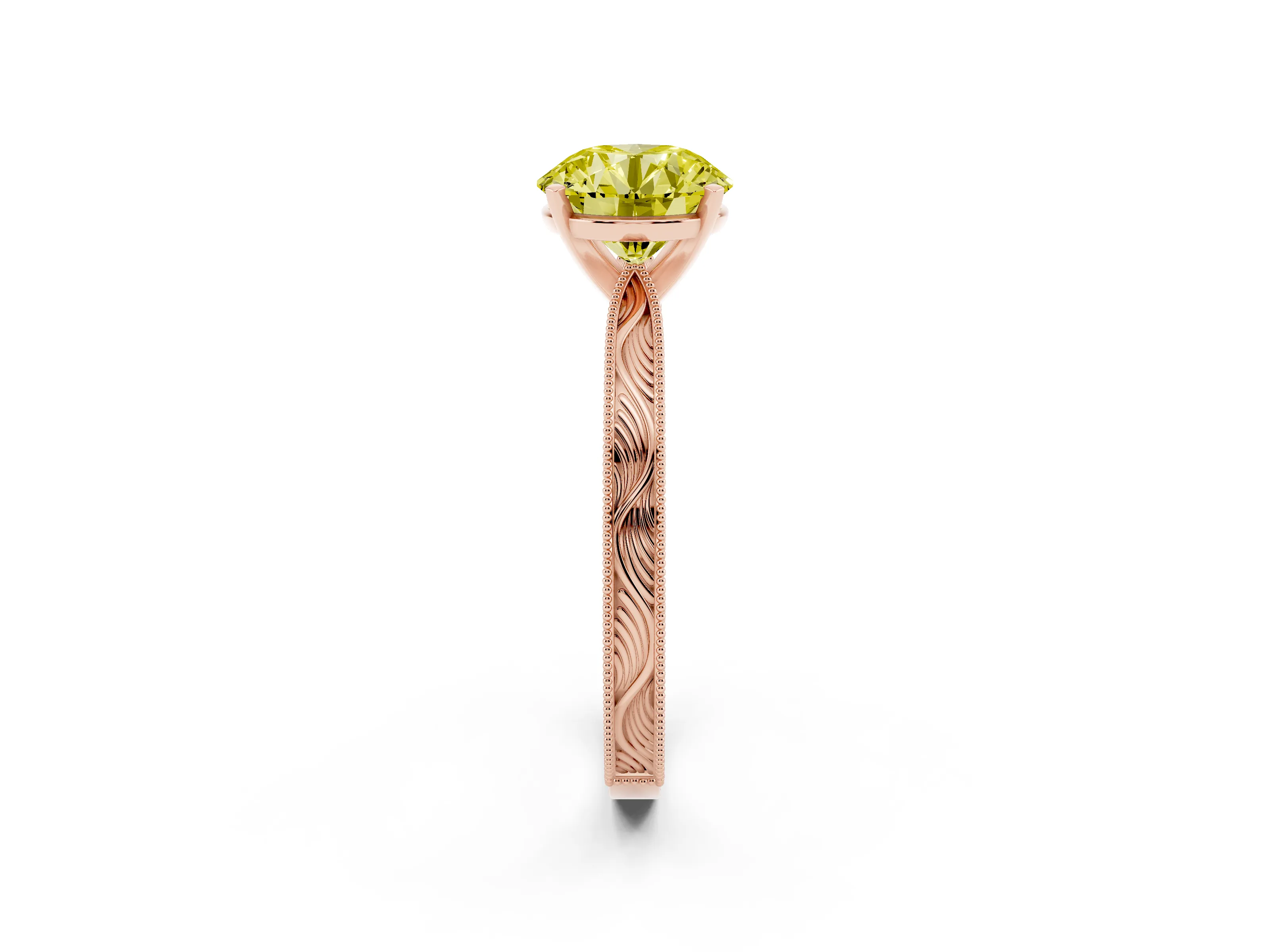 Fancy Yellow Round Cut Diamond Solitaire Milgrain Engraved Band Set in Rose gold with Prong Setting