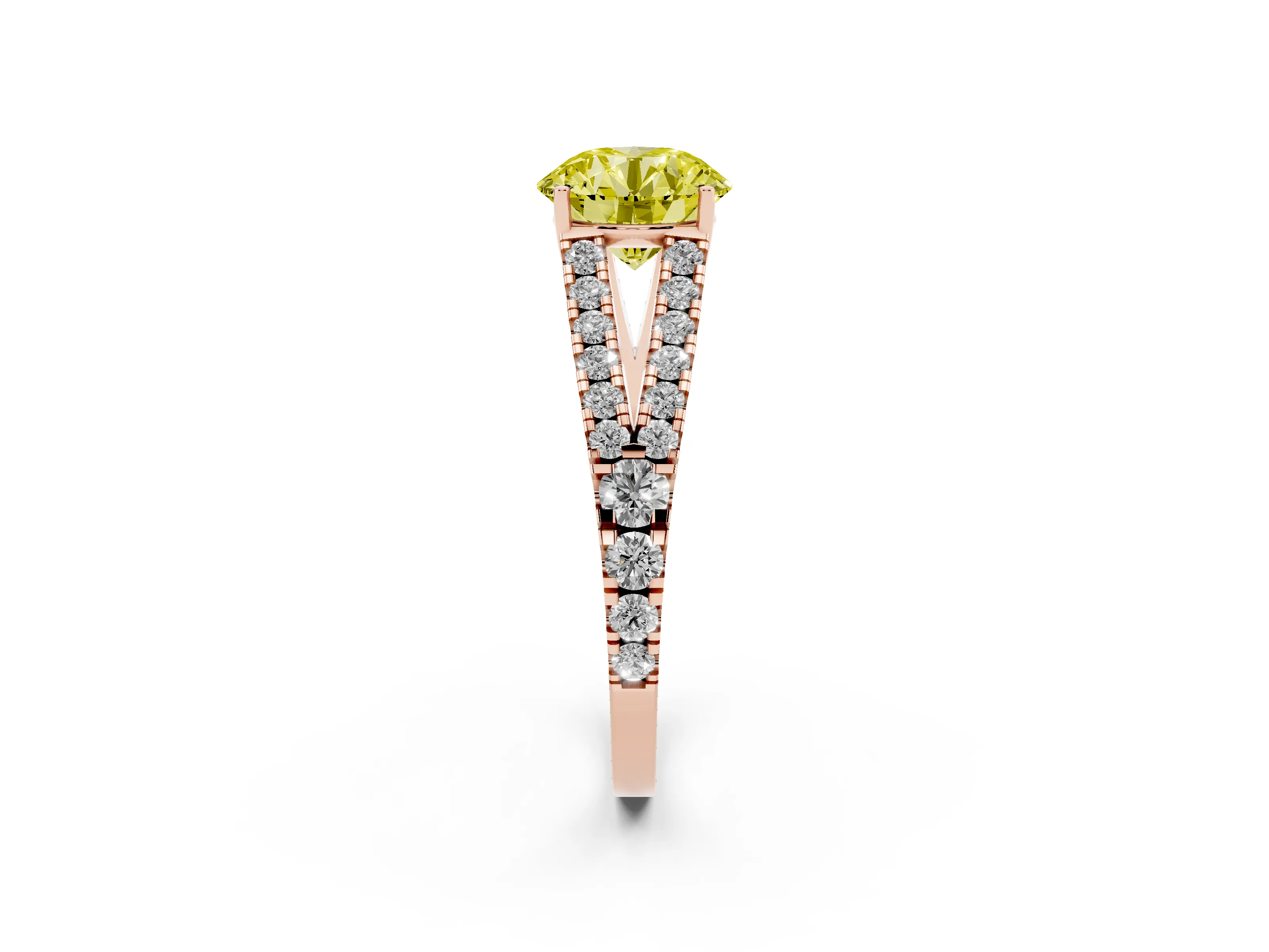 Fancy Yellow Round Cut Diamond Split Shank Pavé Engagement Ring Set in Rose gold with Prong-Held Center Stone