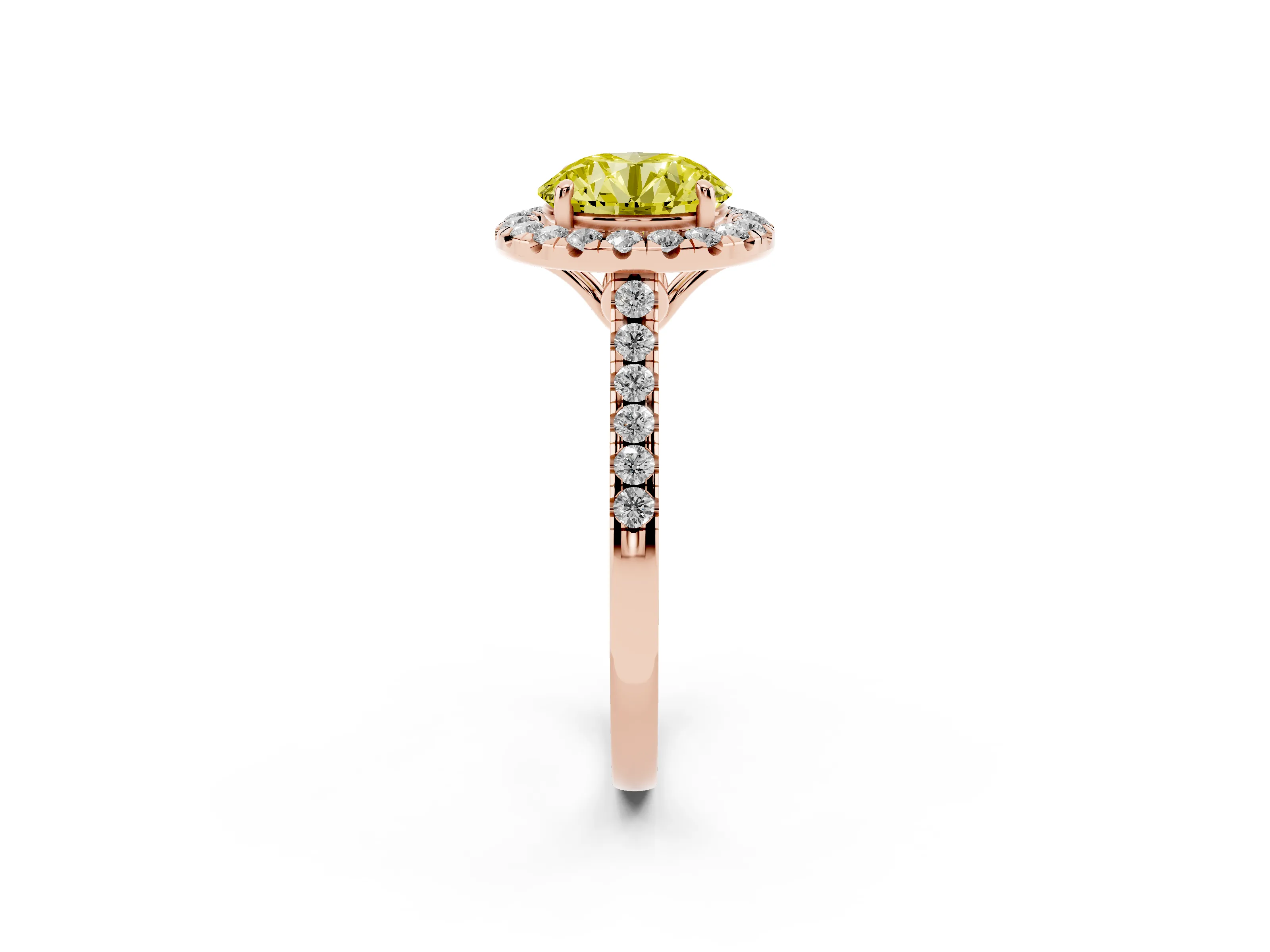 Fancy Yellow Round Cut Diamond Pavé Halo Engagement Ring Set in Rose gold with Pavé Band and Prong Setting