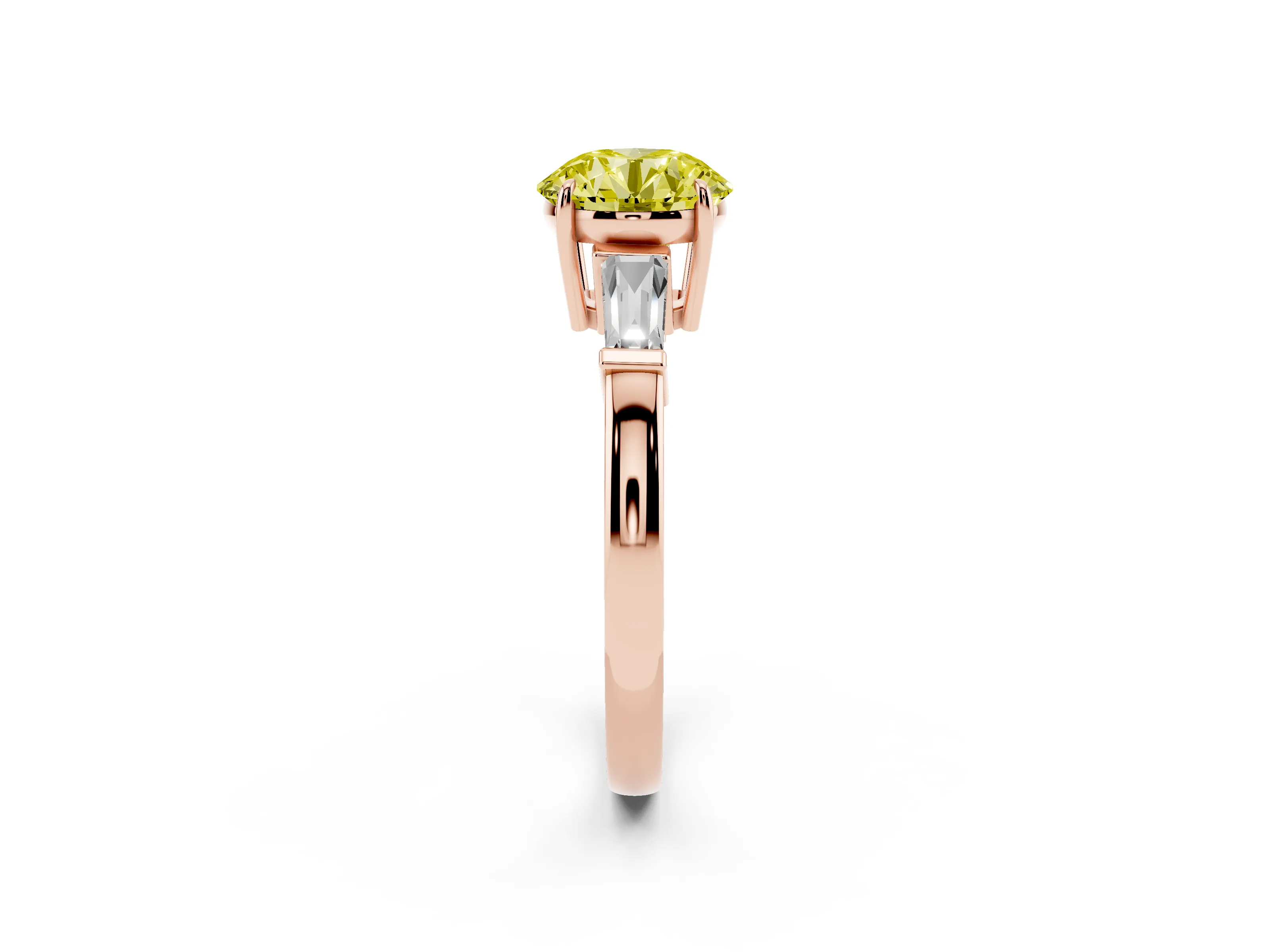 Fancy Yellow Round Cut Diamond Three-Stone Ring Set in Rose gold with Tapered Baguette Side Stones and Prong Setting