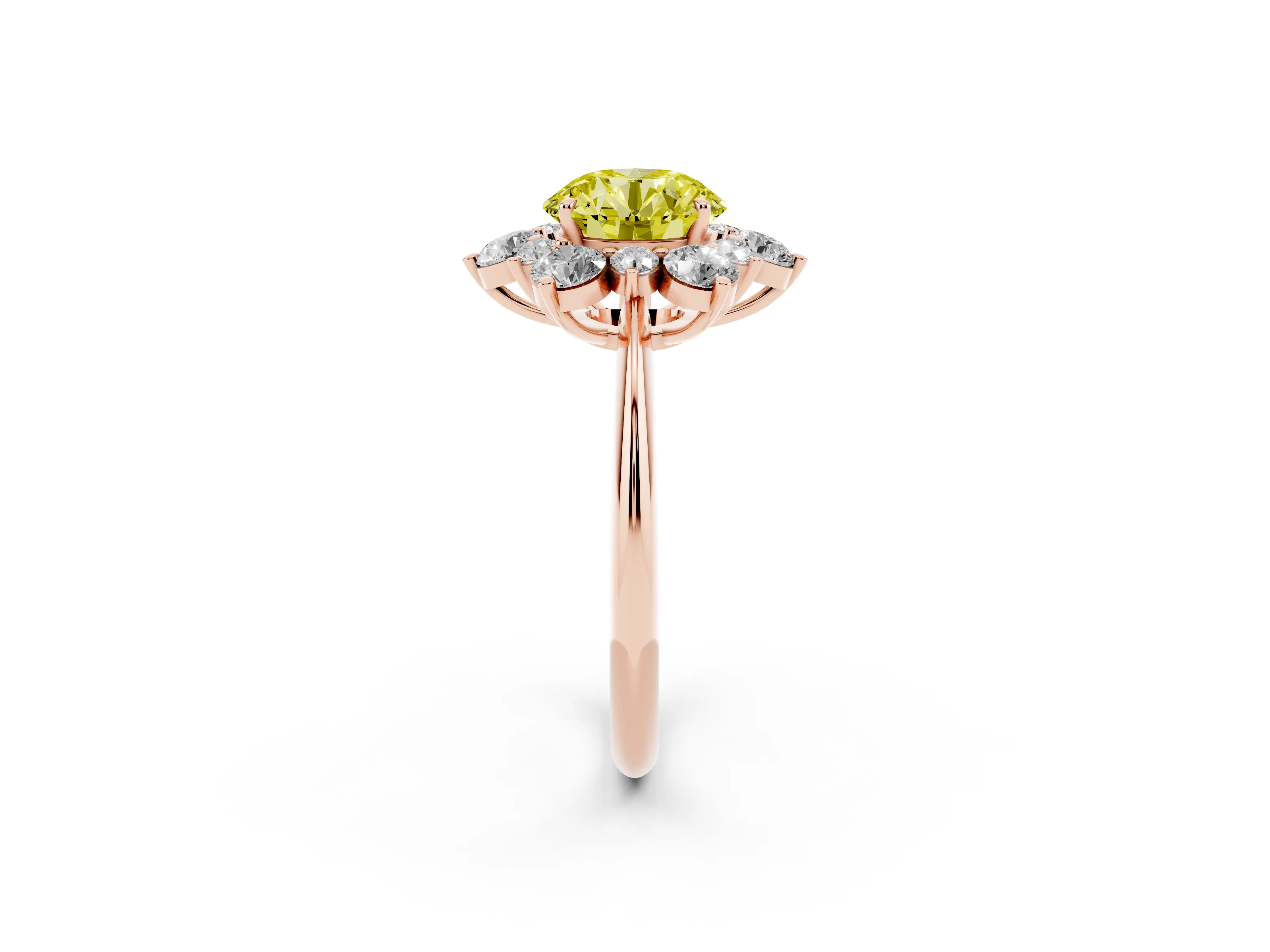 Fancy Yellow Round Cut Diamond Cluster Halo Ring Set in Rose gold with Solitaire Band and Prong Setting