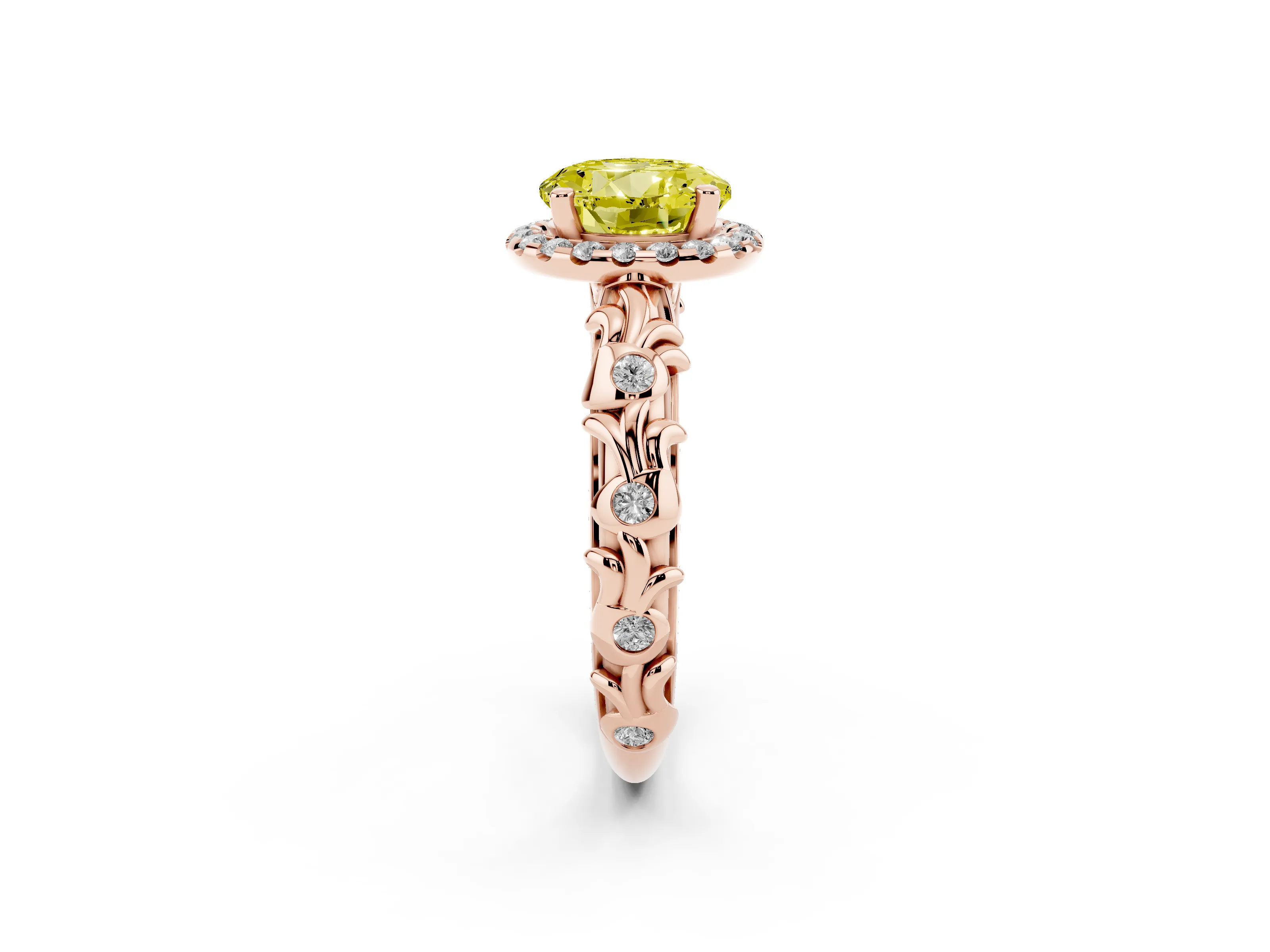 Fancy Yellow Round Cut Diamond Halo Ring Set in Rose gold with Filigree Leaf Band and Prong Setting