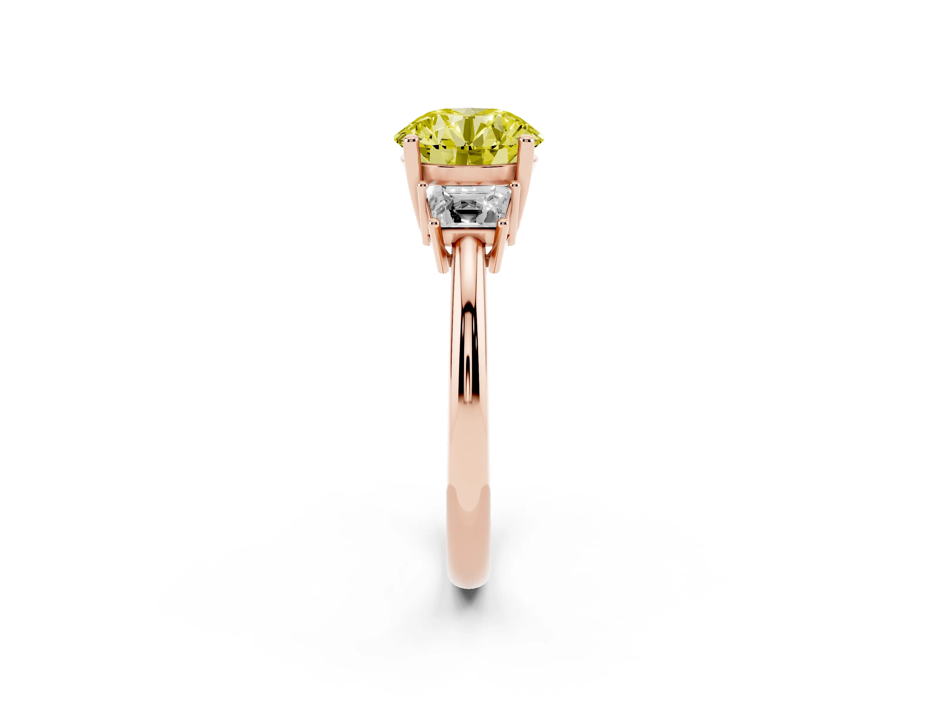 Fancy Yellow Round Cut Diamond Three-Stone Ring Set in Rose gold with Trapezoid Side Stones and Prong Setting